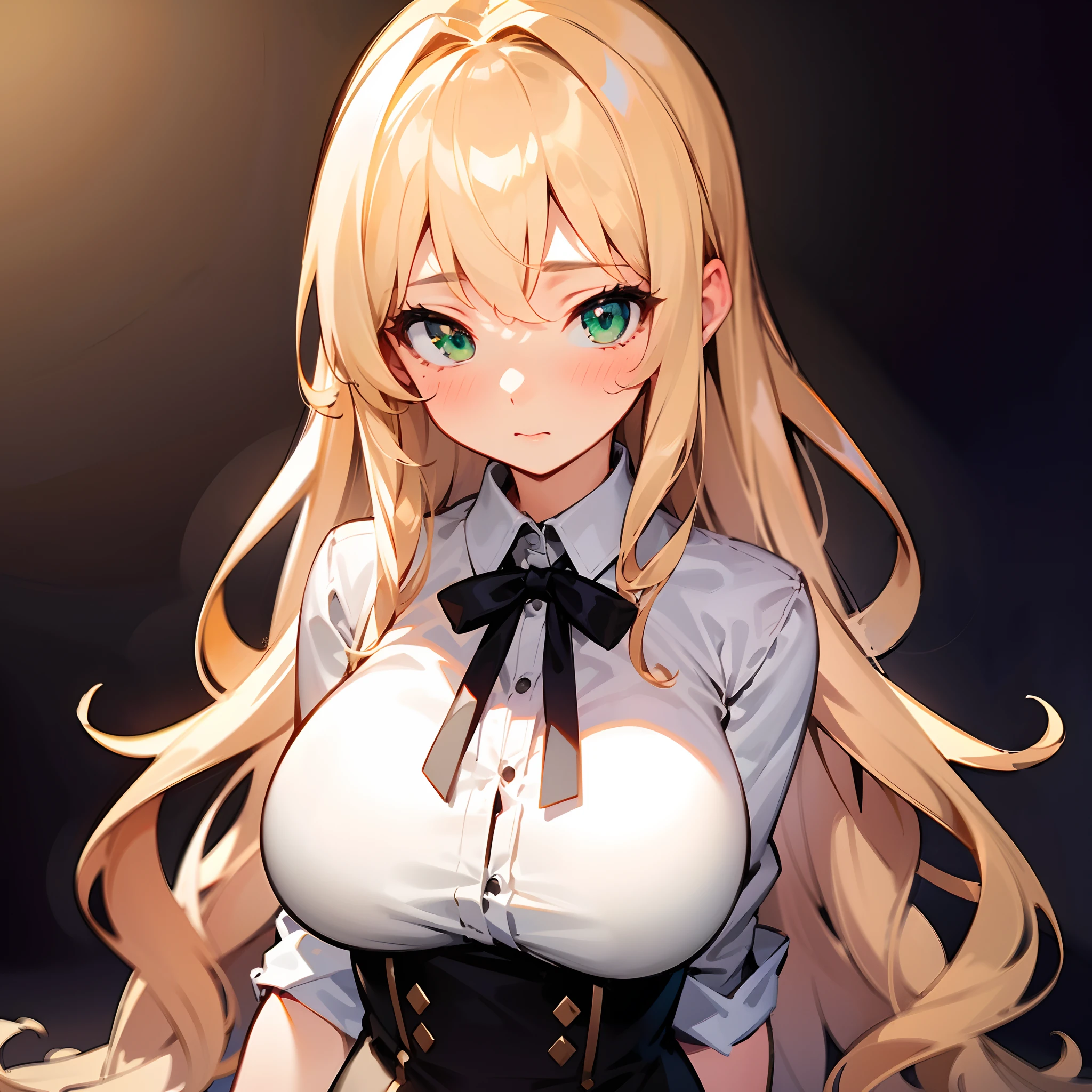 upper body only!!, 1girl, blonde hair, long hair, red eyes, angry, black tuxedo, detailed tuxedo, black tie, black dress pants, hands resting on her breast, pink areola, areola slip, areola barely showing from her shirt, no bra, hard  under shirt, big breast, naked breast, huge breast, cleavage,