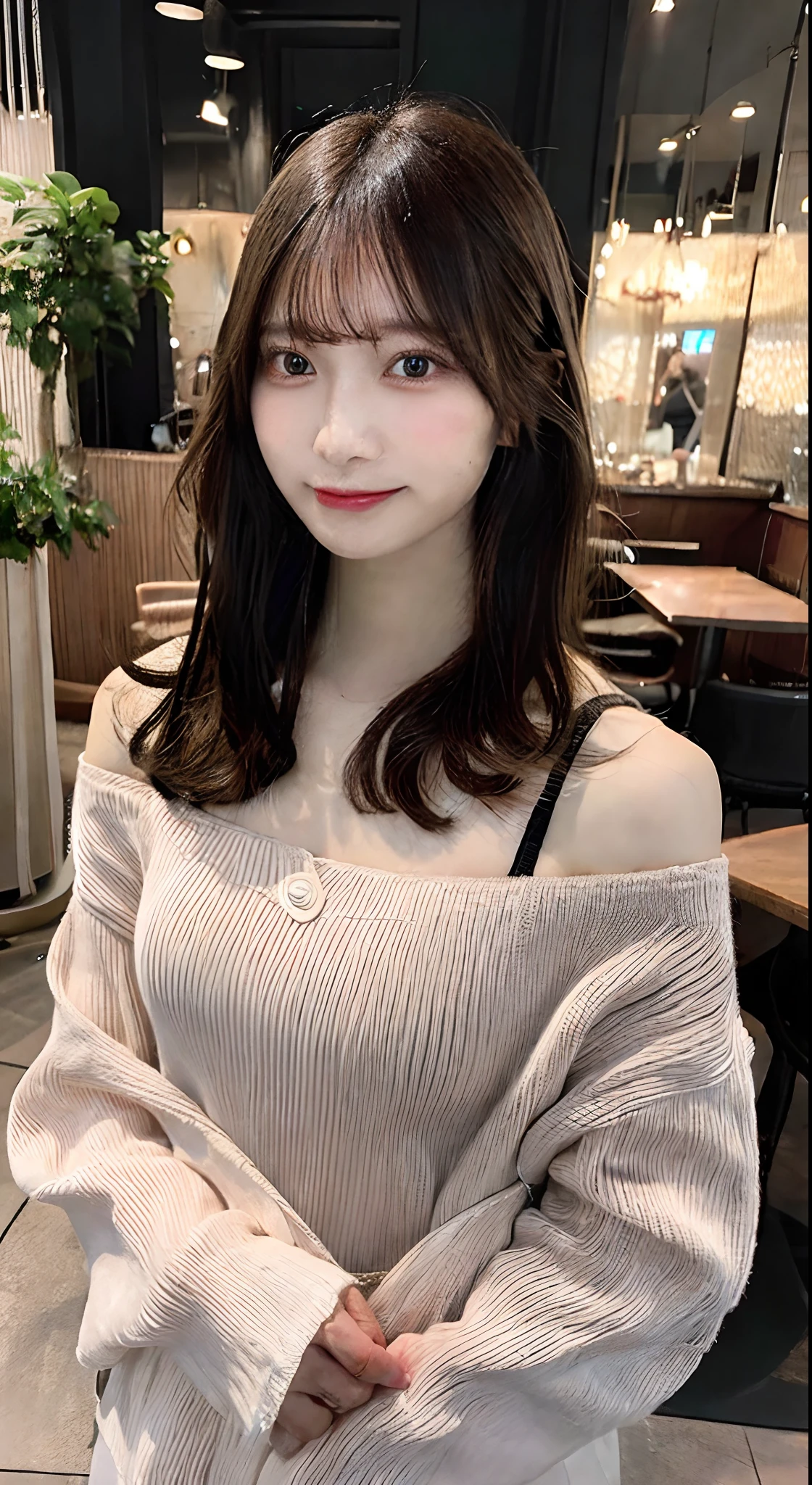 masutepiece, Best Quality, Illustration, Ultra-detailed, finely detail, hight resolution, 8K Wallpaper, Perfect dynamic composition, Beautiful detailed eyes, Long sleeve knit with shoulder extension,Bob Hair, mid-chest, Natural Color Lip, Random and sexy poses,Smile,20 years girl,Colossal tits,cafes,Coffee,Emphasis on the chest