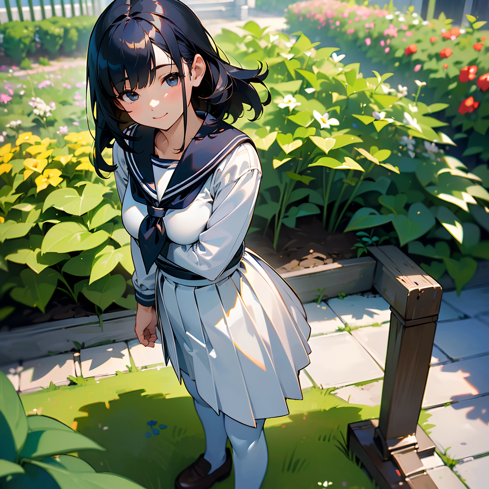 (Best Quality, hight resolution, Ultra-detailed, Realistic:1.37), peaceful ambiance, (plein air, garden), Teenage girl standing alone, Beautiful detailed features, Cute smile, ((Black bob hair)),Navy blue sailor suit, Pleated skirt,White tights,Brown leather shoes.