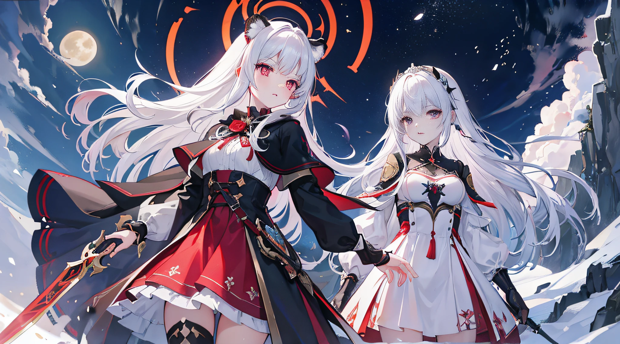Middle Ages style。gothuic vampire。（Two teenage girls，twins，Red pupils，holdingweapon，snow white hair，Tiger Tooth，Huafu，Clear eyes，Dress modestly,oestrus，Shy，Highlight the curves of the character，Blushlush,Student Clothing）.【enviroment：Full moon night，On the cliff，The wind howled，Majestic】Sense of speed