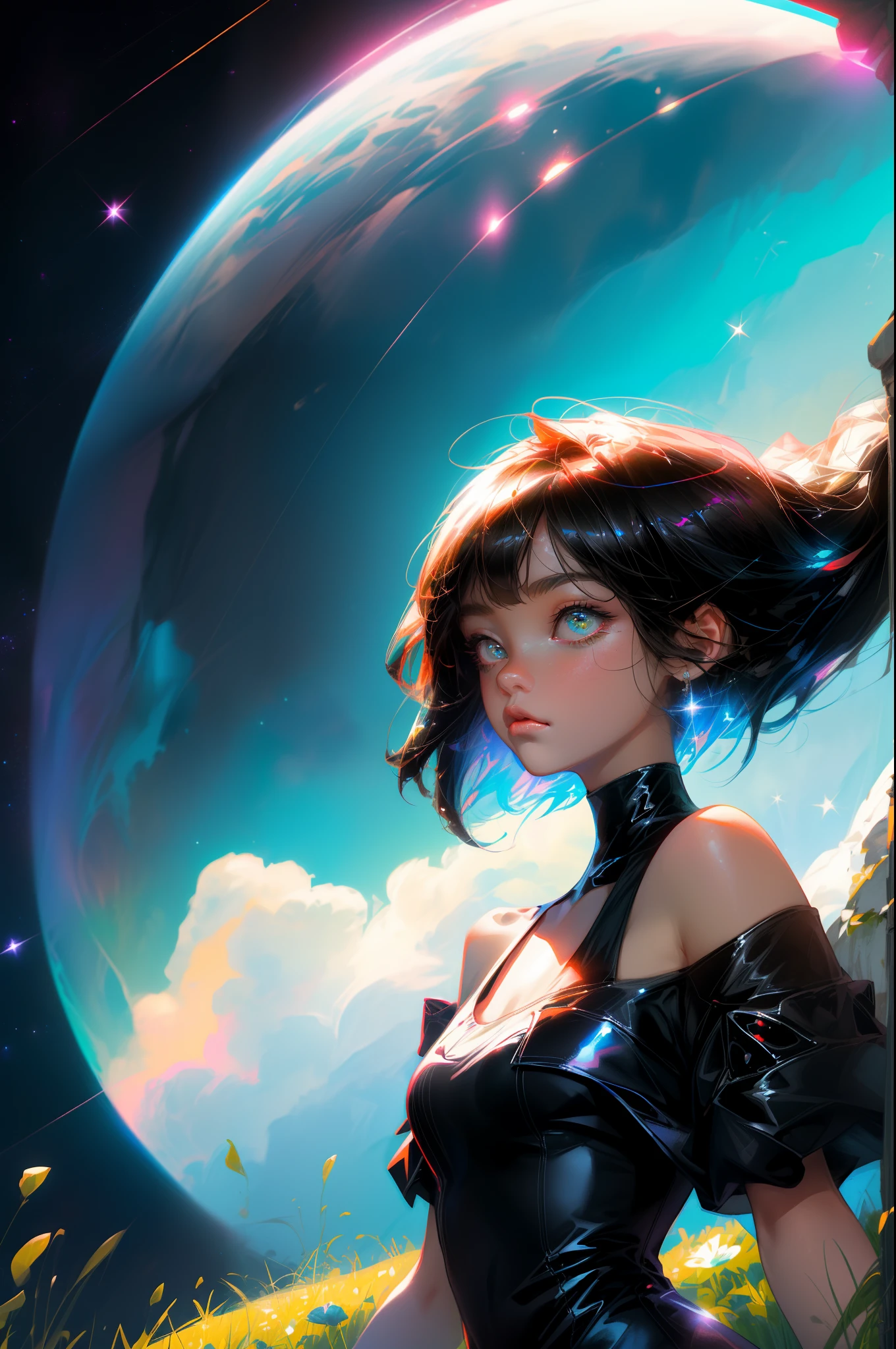 masterpiece、top-quality、超A high resolution、Fluorescent color、Cool Men、beautiful countenance、beautidful eyes、(off shoulders:1.2)、turn your head up、There is a space sky、On the water、on grass、shinny hair、shinny skin、Shine Cut、Chibi、Finger Scale Coordination、black starlight dress、Particle