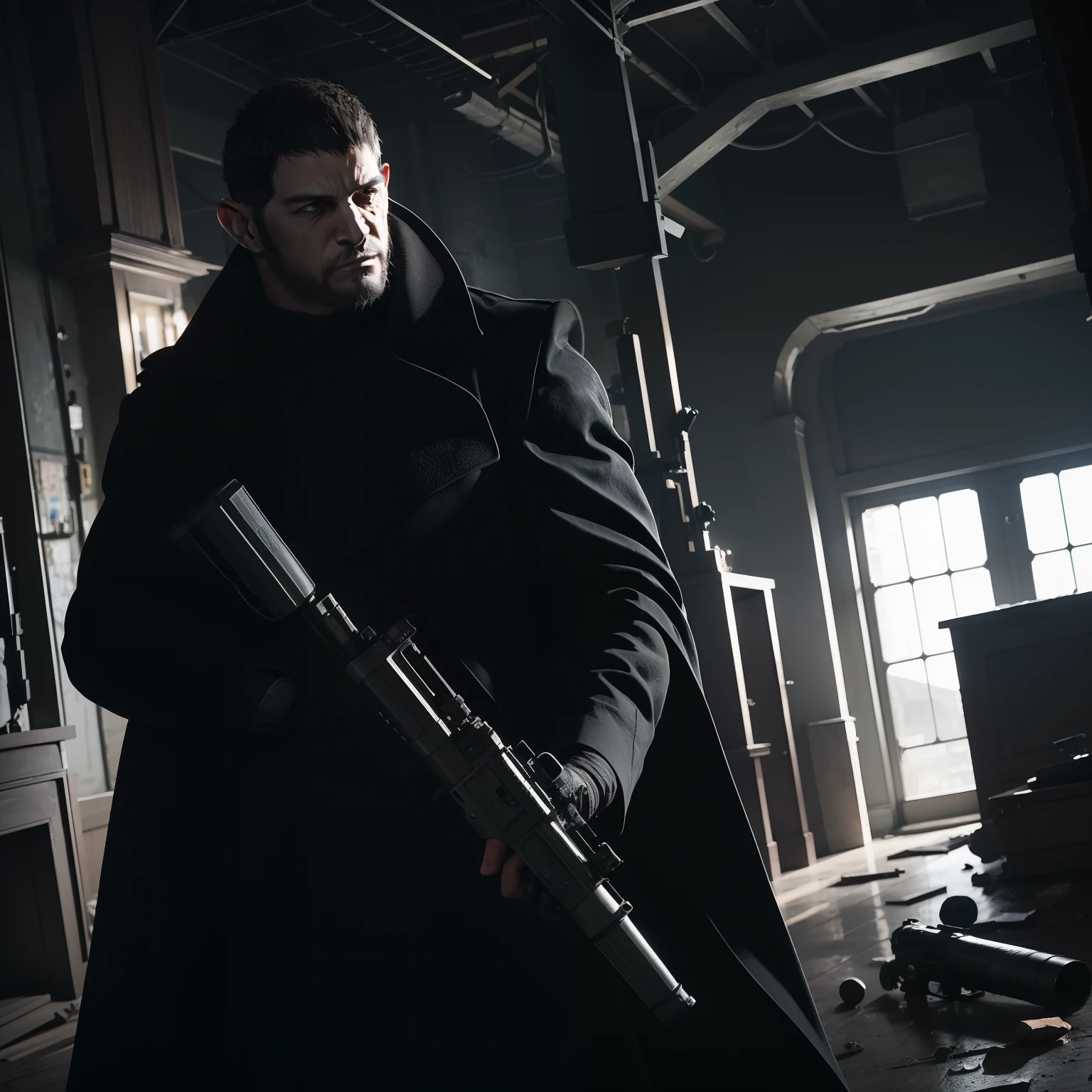 Chris redfield ages 50, short gray hair, Wearing a black robe, facing side, aiming a gun, The tense atmosphere in the abandoned factory, Night time, full body, cinematic view, by Unreal Engine