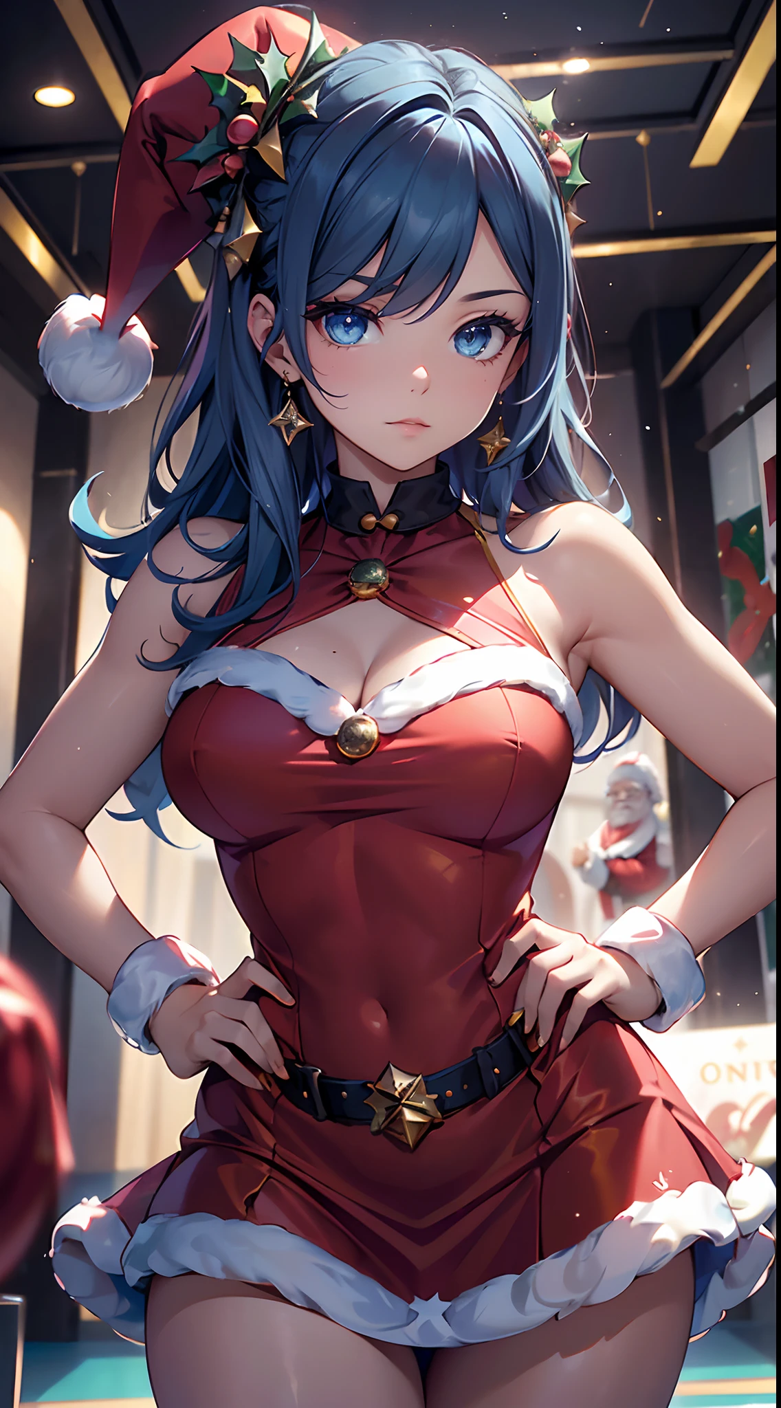 mejor calidad，tmasterpiece，ultimate resolution，Suave，extremadamente colorido，De color，Princesa sirena，(Vestido con el traje de Santa Claus:1.4)，Medias de tirantes negras，Starrysky Android!,More detailed 8K.motor irreal:1.4,UHD,La mejor calidad:1.4, fotorrealista:1.4, textura de la piel:1.4, obra maestra:1.8,obra-prima, mejor calidad,objeto Objeto], (detailed face features:1.3),(dentro de un gimnasio azul:1.4),(cabello rosado largo:1.4),（Beautiful and detailed eye description）,(manos:1.4), (mostrandosupanties:1.4),