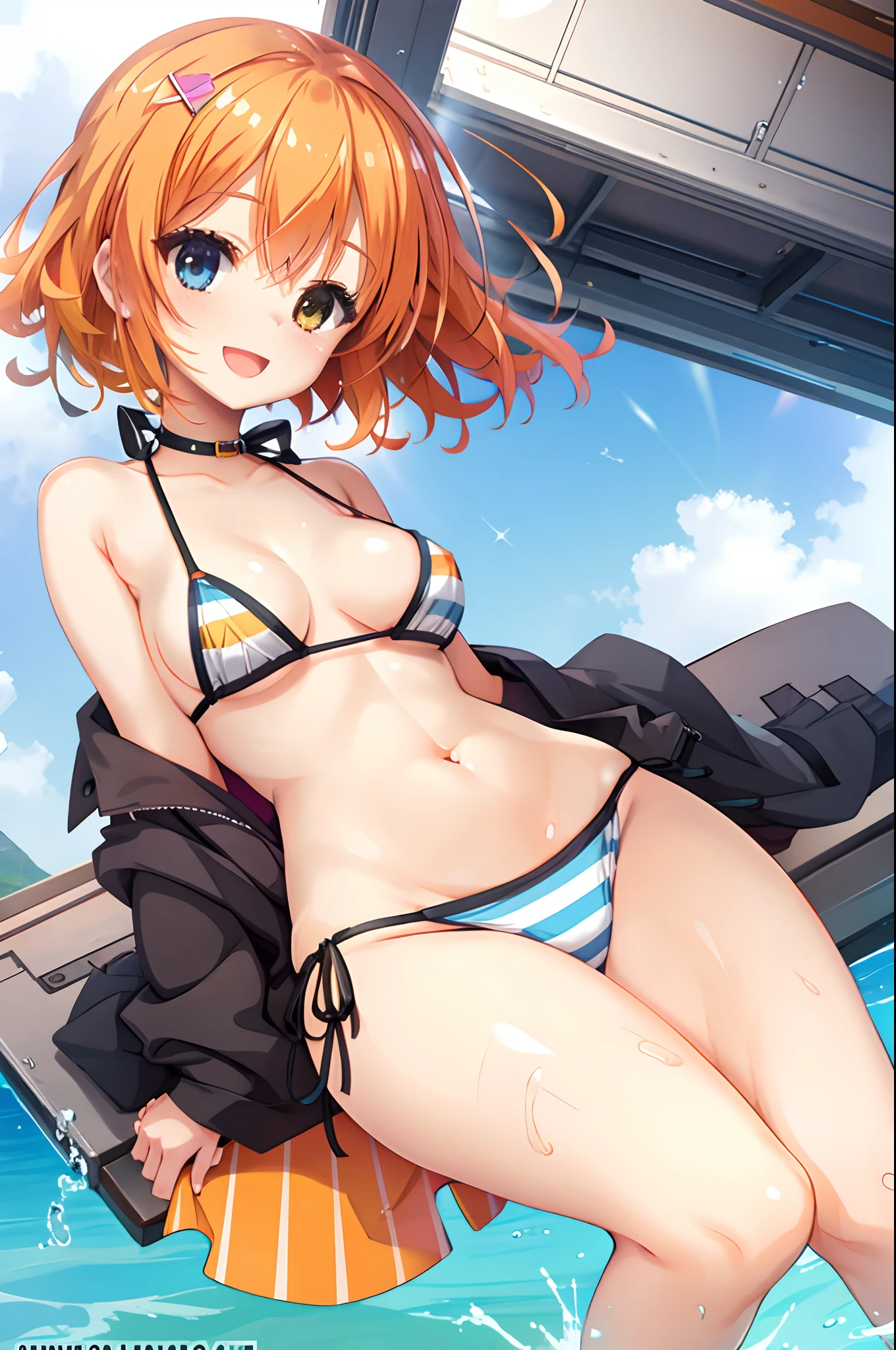 girl,Colossal tits,Striped bikini,Smile with open mouth,Orange hair,hair adornments,Heterochromia,Top image quality,Best Quality