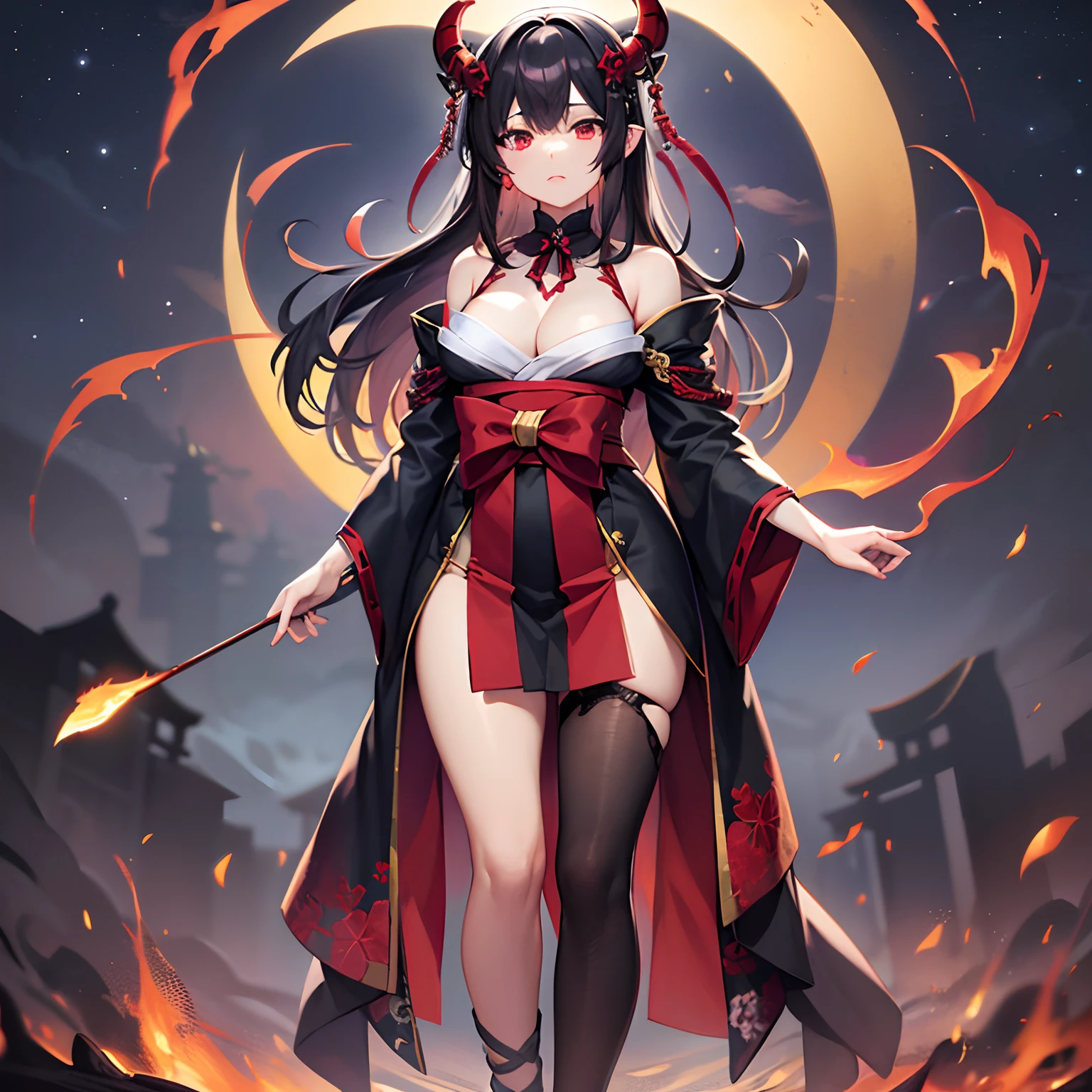 ​masterpiece, top-quality, ultra-detailliert, beautiful  lighting, 1girl in, torii gate, fullmoon,  Black hair red mesh, scarlet eyes, Hanging, Tattered Hakama, Look at viewers、Demon Horns、Shoulder out、surrounded by flames、full body Esbian、girl with、、