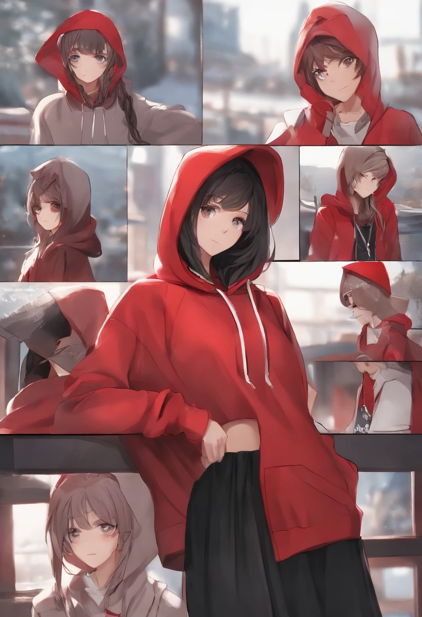 there is a young girl standing in front of a cake, red and grey only, red hoodie, wearing track and field suit, wearing a scarlet hoodie, wearing a red hoodie, hodie mihi cras tibi, wearing a hoody, sports clothing, hoodie, hoody, red sport clothing, sport clothing, hooded, wearing hoodie, and is a anime character