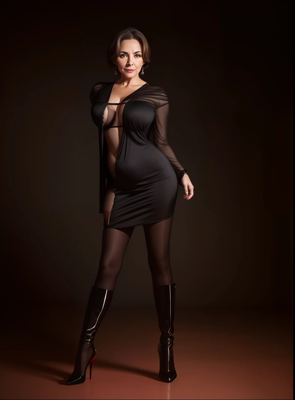 Portrait of a 60-year-old woman with short brown hair, a captivating gaze, Brown eyes, Wrinkles on her face, She wears a very sexy black evening dress that reveals big flabby breasts, Light makeup and red lips. 32K