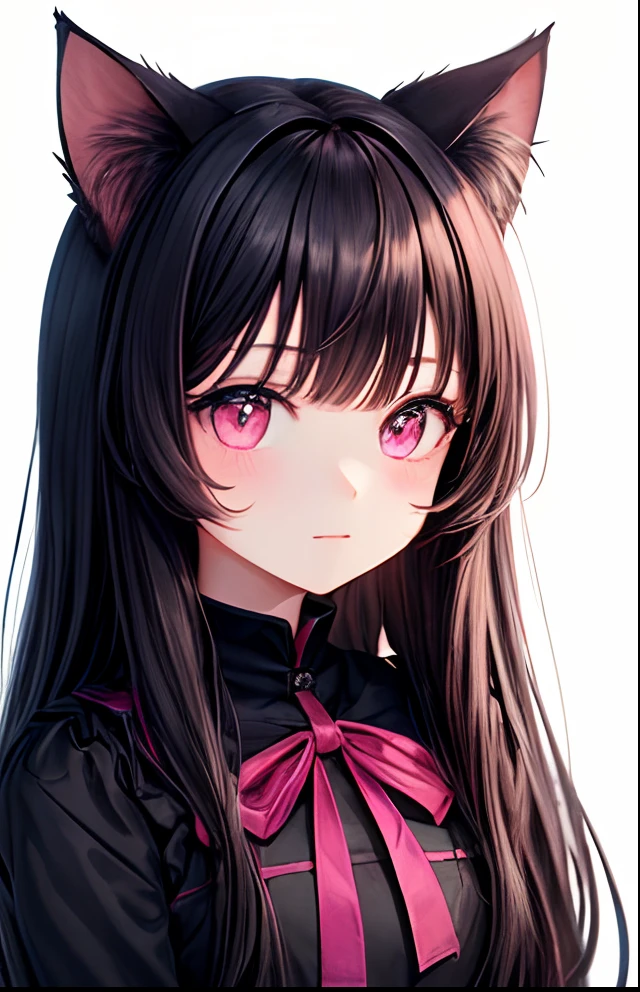 girl with、No background、without background、Background through、A dark-haired、Twin-tailed、Two knots、Subject bangs、Pattsun bangs、Aligned bangs、Sareme、Sauce order、Pink eyes、Pink eyes、Black Dress、Long sleeves、Cat's ears、Cat ears、kawaii、No background