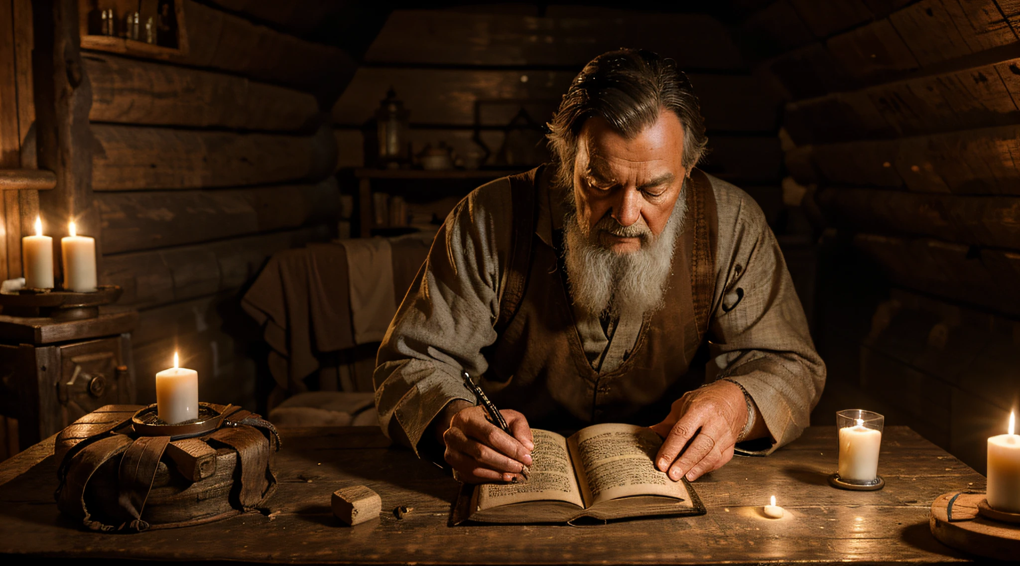 Ancient book of many thousand years being analyzed by an ancient scribe, on an old rustic table, the setting he is in is an old cabin lit by candles,ultra realistic,8K