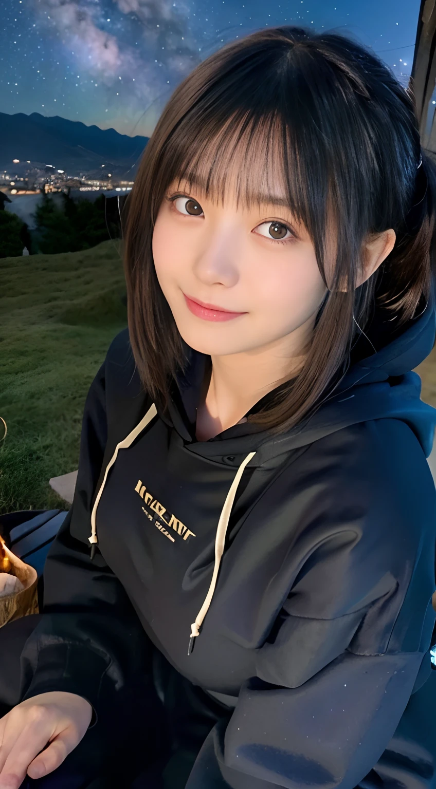 (top-quality,8K,​masterpiece:1.3,),(超A high resolution,Photorealsitic:1.4,Raw photography),(ultra-detailliert,shinny skin,Delicate skin),(Detailed face,Perfect Anatomy,Caustics),(Little girl sitting around a bonfire in the mountains),kawaii,18year old,japanes,Japanese ido,smil,Looking down at the camera,A dark-haired,Short ponytail,large boob,(Hooded hoodie),long trousers,deep in the night,(night sky full of stars),(Close-up of a bonfire:1.1),Low position,low angles,