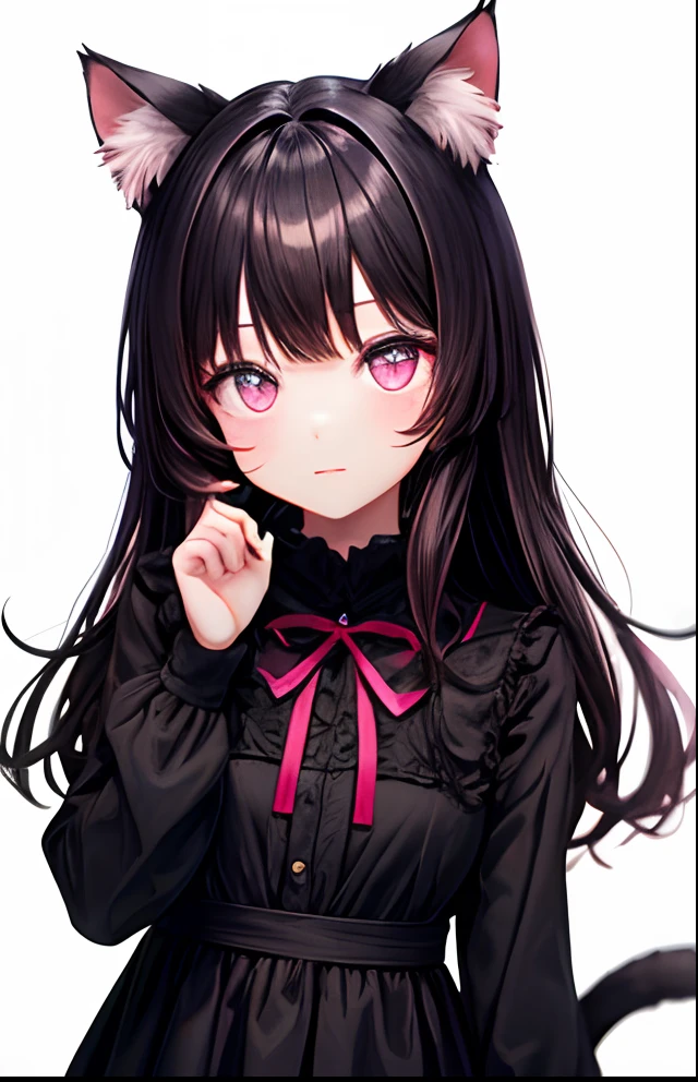 girl with、No background、without background、Background through、A dark-haired、Twin-tailed、Two knots、Subject bangs、Pattsun bangs、Aligned bangs、Sareme、Sauce order、Pink eyes、Pink eyes、Black Dress、Long sleeves、Cat's ears、Cat ears、kawaii、No background