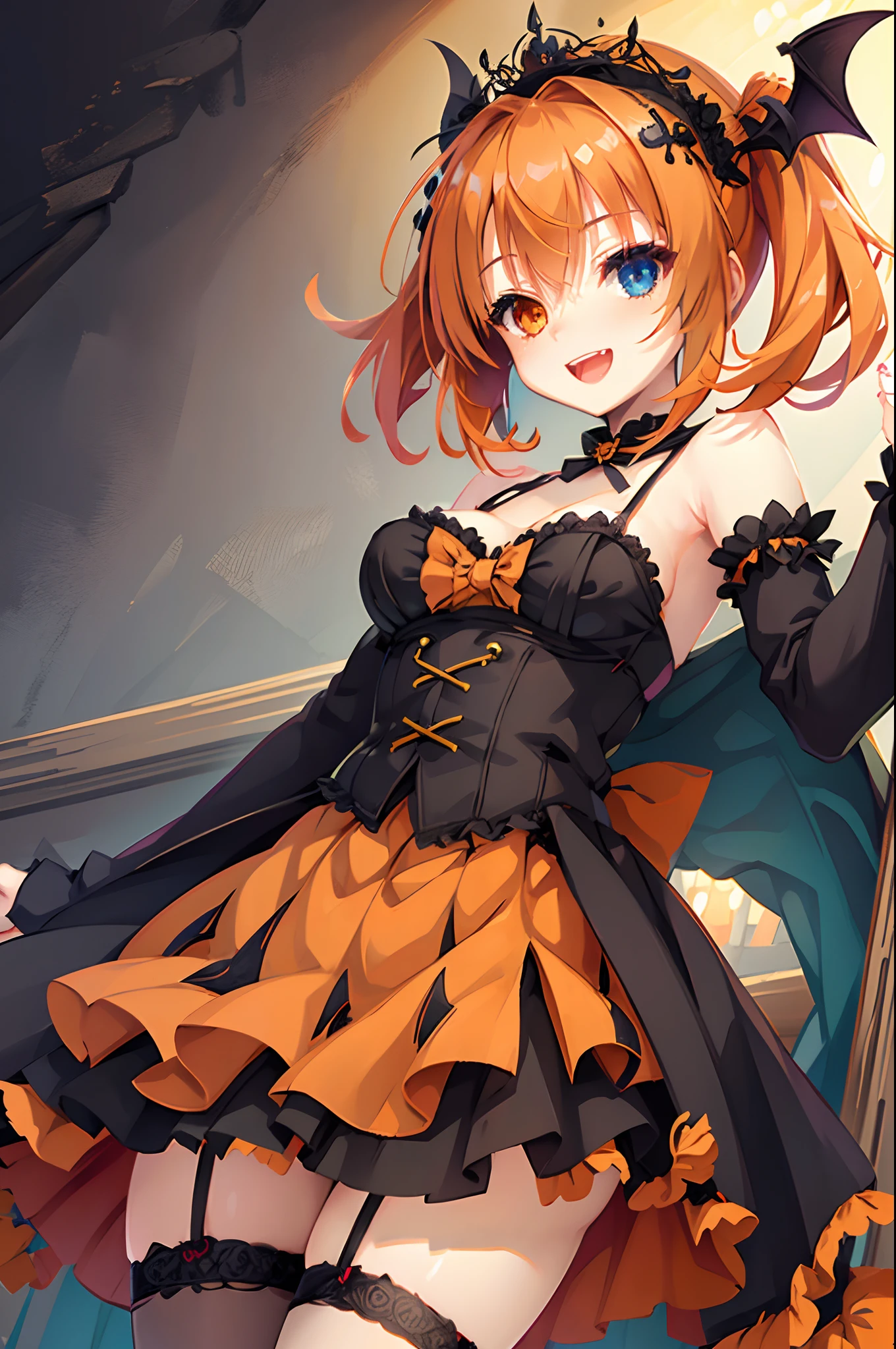 tiny girl,Colossal tits,Gothic ****ta,garter strap,Smile with open mouth,tusk,vampire,Halloween,Orange hair,hair adornments,Heterochromia,Top image quality,Best Quality