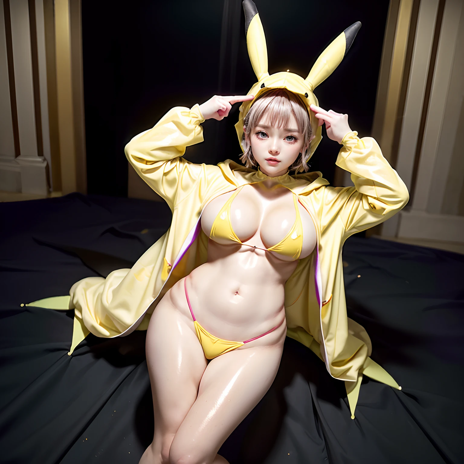 ((SFW, full body:1.35))、, 7 Oppai-Loli girls in Cosplay、Pikachu, (moe sleeves, yellow Pikachu suits with full opened front zipper、(Pikachu hood))、Floating hair、((Masterpiece:1.25, Photorealsitic:1.37))、8K Bestquality、((Detailed KAWAII Face))、Bright Shining Perfect eyes、{(Childish:1.2)| no underwear but Nipples are hidden|gold tape|(gold nipple stickers)|(Gigantic Cleavage:1.37)}、(Detailed glistening ivory skin)、extremely detailed、{((Yellow Pikachu hood))}、Smooth shading、Soft Lighting with many Follow lights、clear focused、bokeH、Crowded city background、Vivid colors, {(shouting)| Trick or treat|mischievous smile}, Overflowing、Biomechanical HUGE and HEAVY boob, {Ass focus| ((grabbing chests))| hidden hands| thumbs up| pussy},(((nabel, no extra hands, correct hands, Detailed open crotch))),