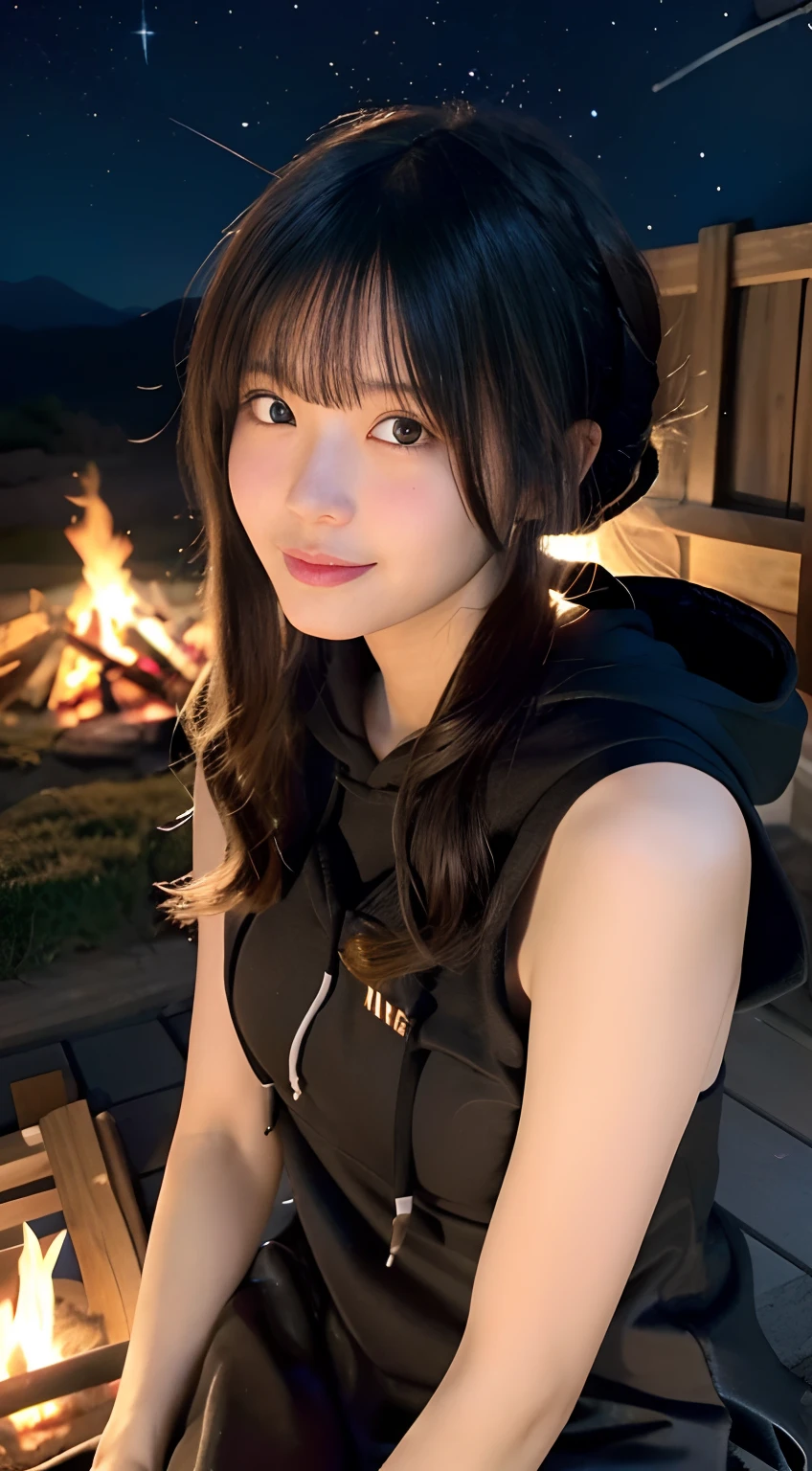 (top-quality,8K,masterpiece:1.3,),(超A high resolution,Photorealsitic:1.4,Raw photography),(ultra-detailliert,shinny skin,Delicate skin),(Detailed face,Perfect Anatomy,Caustics),(Little girl sitting next to a bonfire in the mountains),kawaii,18year old,japanes,Japanese ido,smil,Looking down at the camera,A dark-haired,Short ponytail,large boob,(Hooded hoodie),long trousers,deep in the night,(night sky full of stars),(Close-up of a bonfire:1.1),Bonfire Focus,Low position,low angles,
