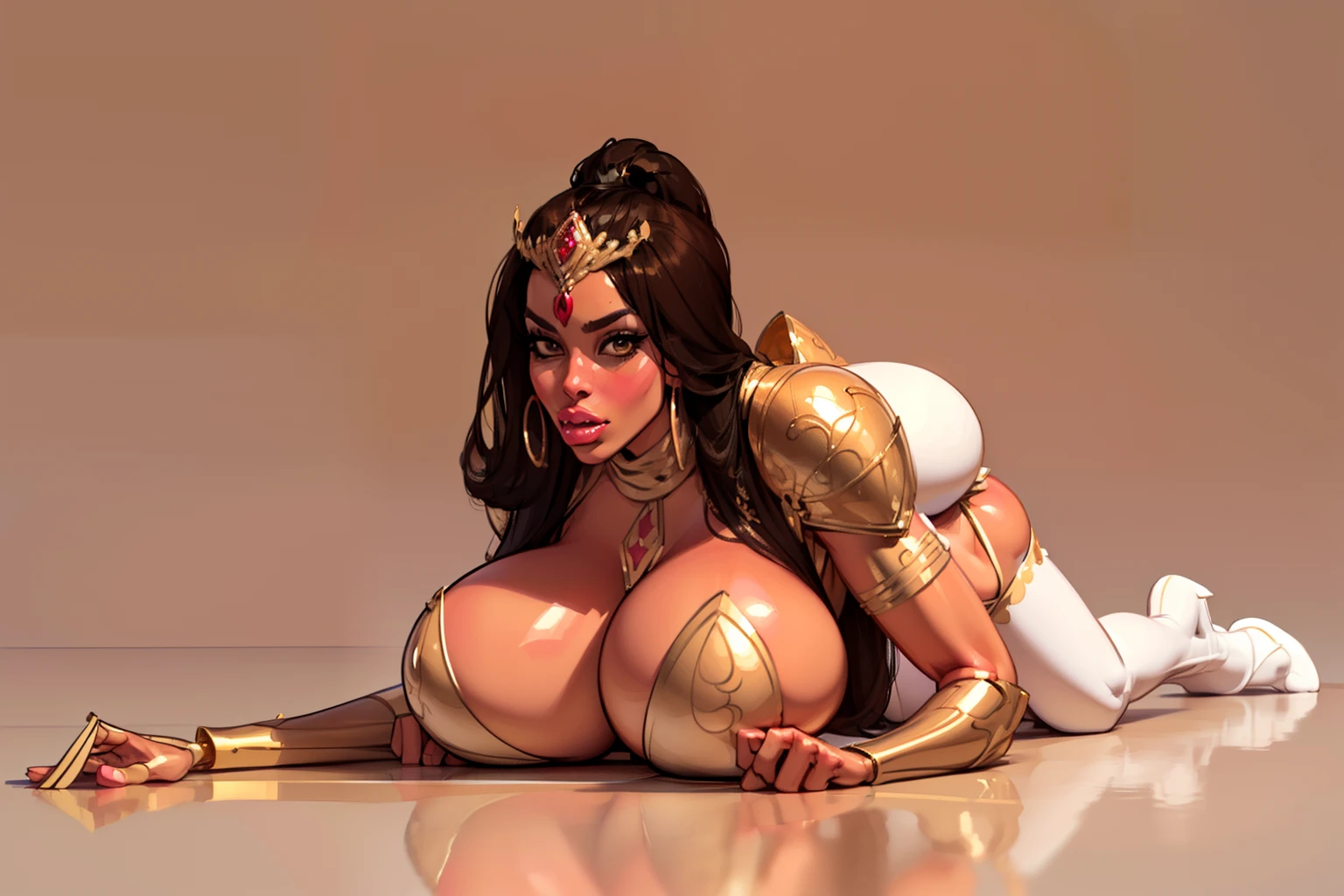 ((On all fours pose:1.2), ((masterpiece)),(((best quality))),((looking at viewer)), ((full body pose)) (((Indian empress))) mature face, ((middle eastern eyes:1.4)), ((empress gown)), intricate breastplate, defined cheekbones, high cheekbones, illustration,  muscular, ((gold:1.4)), sexy bimbo, (gigantic breasts:1.7) black hair, ((detailed face:1.4)) beautiful woman, (Indian:1.4) (white skin:1.4) , (brown lipstick:1.4), shiny skin, scribbles and marks,(puffy lips:1.4) , rough sketches, pose, 8k,16k, (simple background, white background: 1.3) red and gold color palette, black legs, red arms, ((brown face))