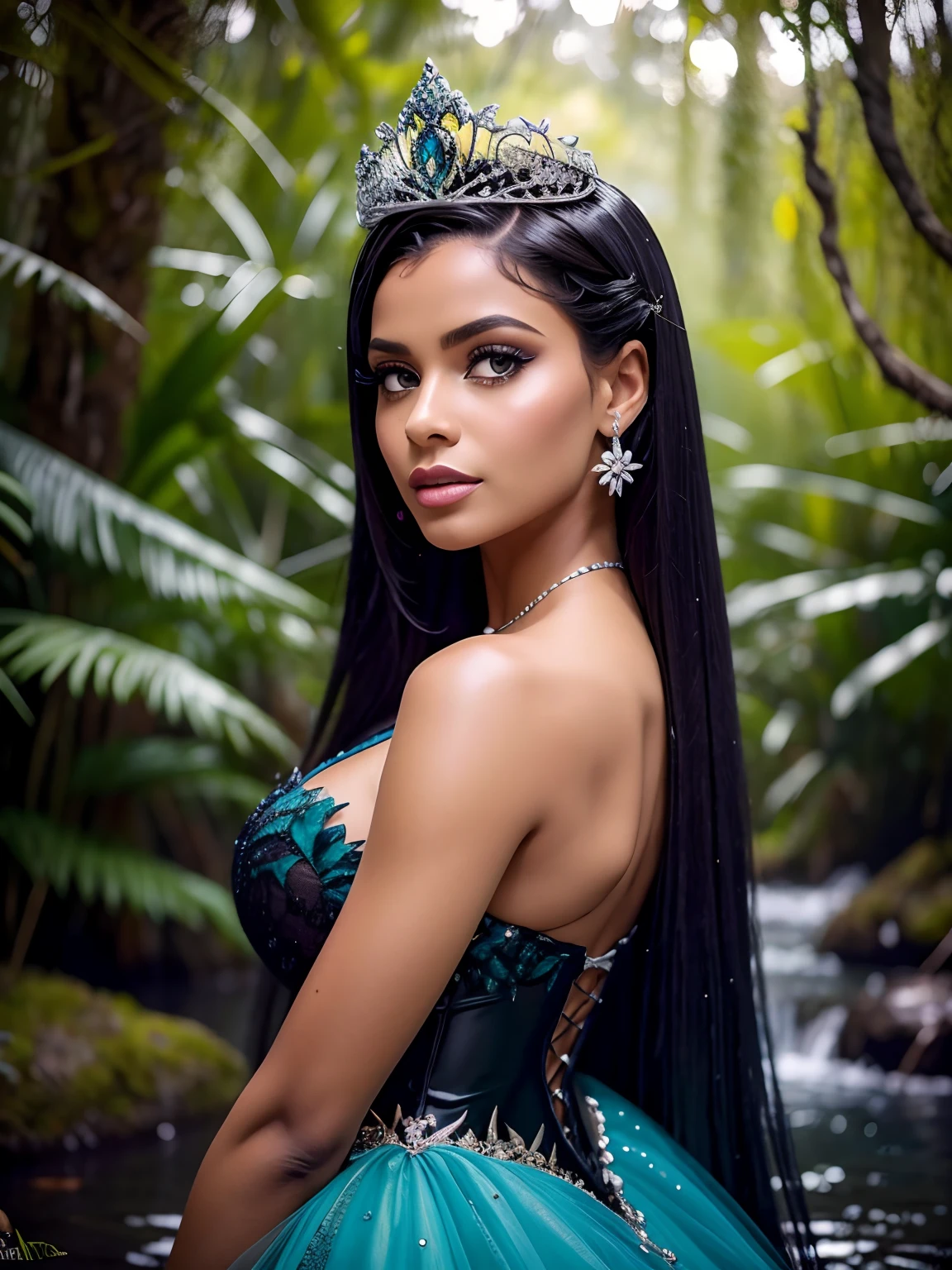 Eva loira com cabelo preto e orelhas pontudas em uma floresta, closeup fantasy with water magic, muito bonito morena baixa, 1,50 de altura,top model, fantasy photoshoot, karol bak uhd, Retrato da rainha sereia, Retrato do guerreiroo, beautiful Eva princess, Fantasia Inspirada, Eva uma fada, traje de fantasia, espartilho ciano, photoshoot real rainha das florestas, vestido de fantasia de cor preta e detalhes em rendas.
