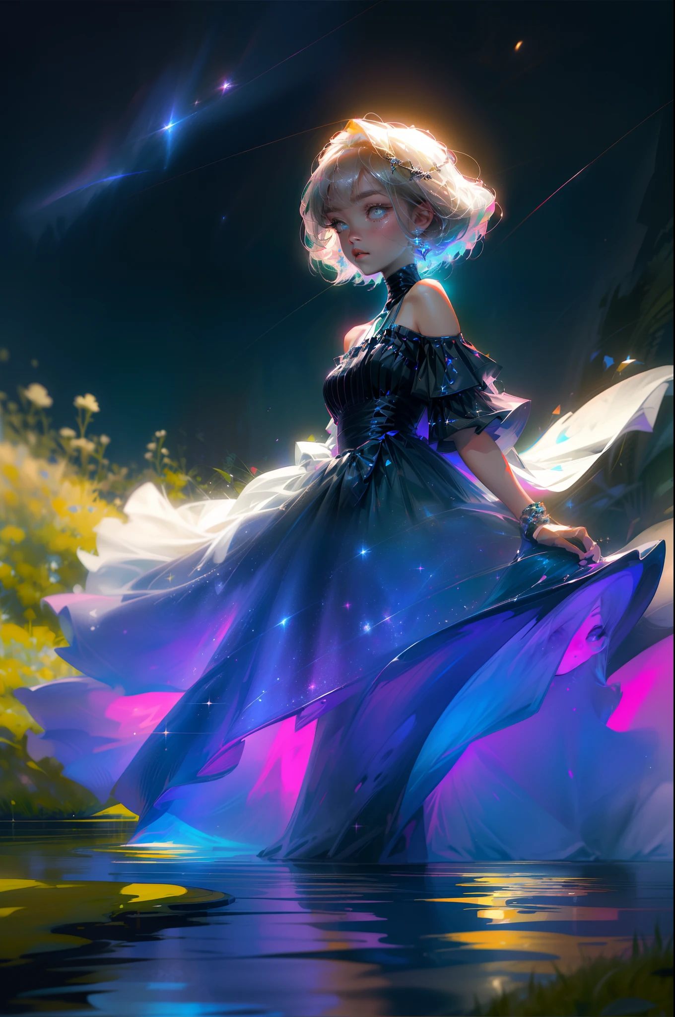 masterpiece、top-quality、超A high resolution、Fluorescent color、Cool Men、beautiful countenance、beautidful eyes、(off shoulders:1.2)、turn your head up、There is a space sky、On the water、on grass、shinny hair、shinny skin、Shine Cut、Chibi、Finger Scale Coordination、black starlight dress、Particle