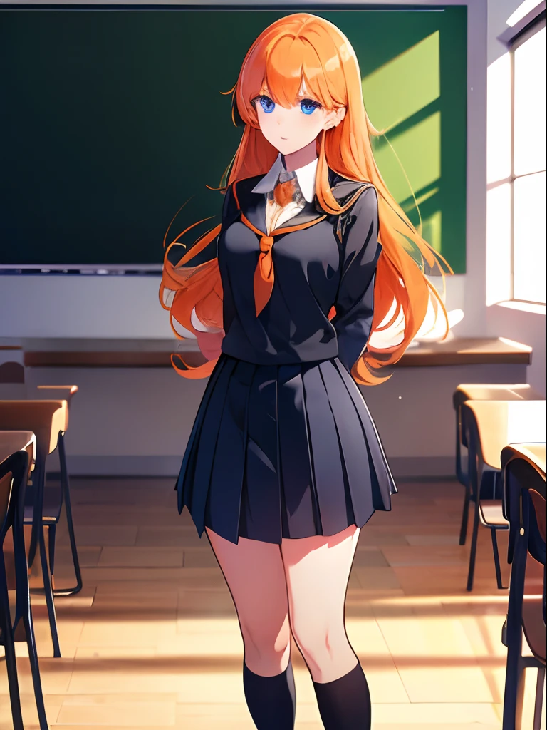 1girl, long orange hair, blue eyes, black school uniform, classroom, standing on ground, high res, ultra sharp, 8K, masterpiece