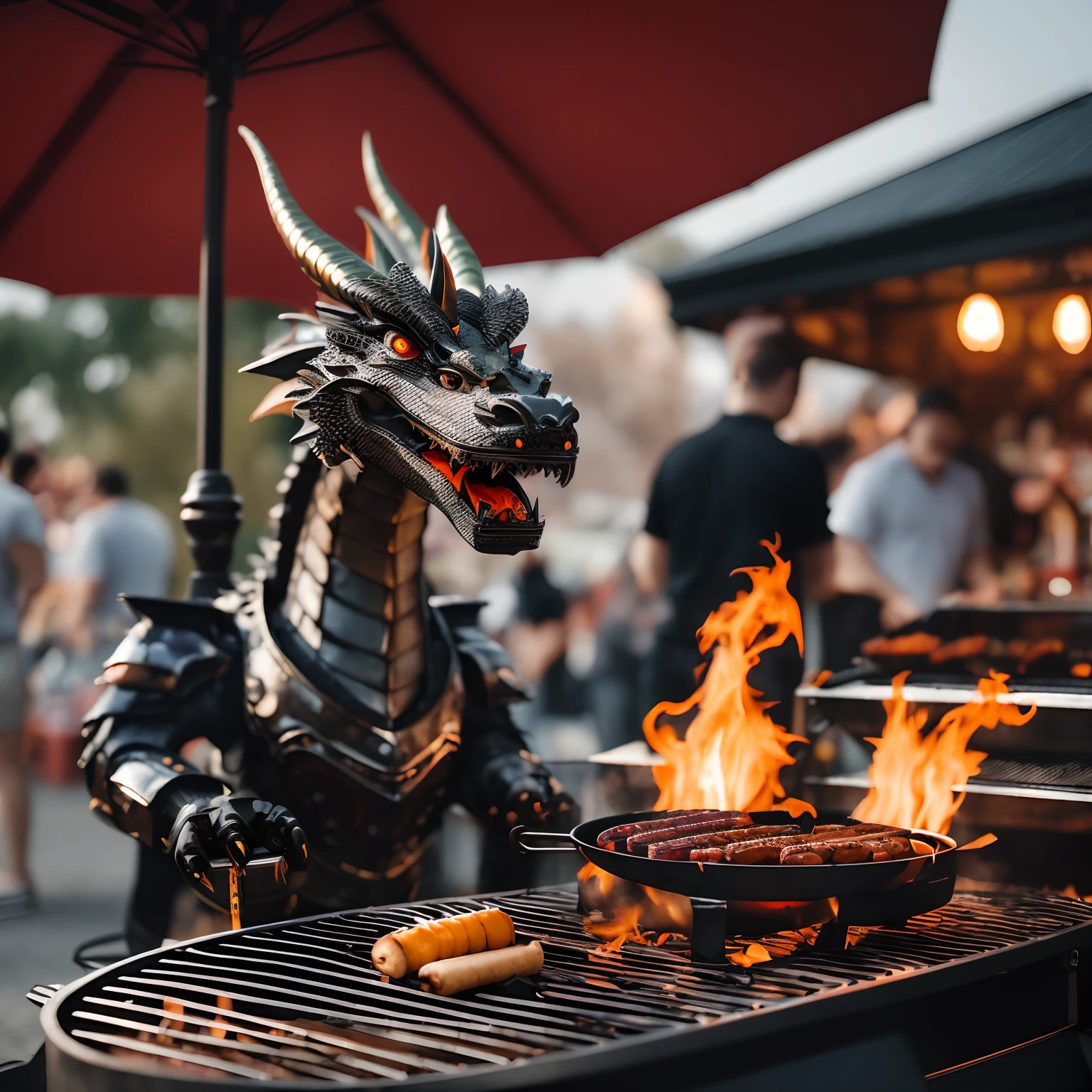 There's a dragon grilling on a grill with hot dogs, a dragon made of machine parts, "firebreathing dragon, Dragon Made of Iron, dragon blowing fire above, grelha, firebreathing dragon, dragon in the background, ''dragon breathing fire, dragon breathing fire, firebreathing dragon, Dragon breathes fire at a barbecue, Churrasco