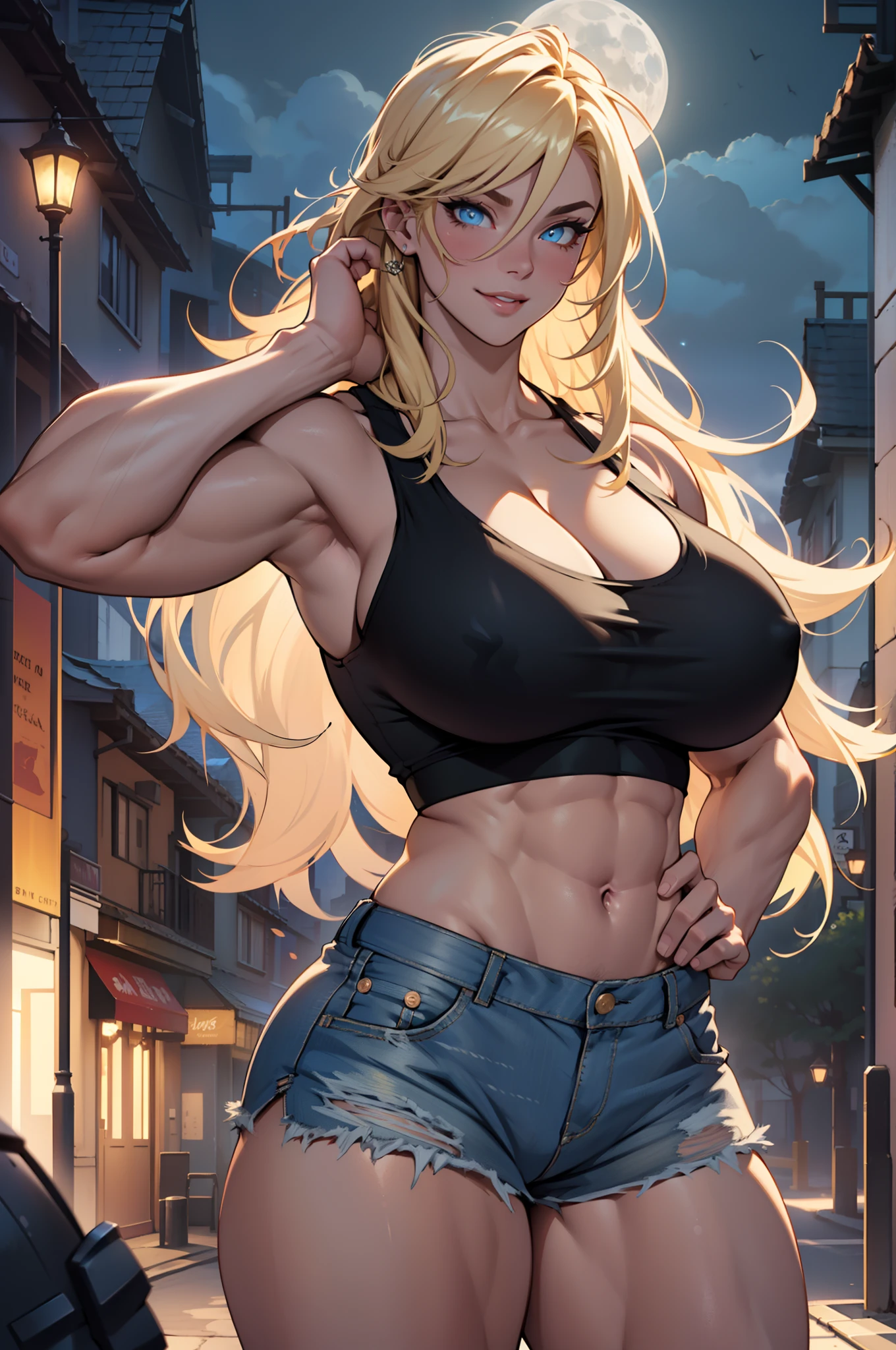 Perfect CG unity 8K UHD wallpaper(girl huge gigantic breasts cleavage showing bodybuilder very muscular toned body, pale skin, long blonde colored hair, vibrant glowing moonlight eyes, long detailed eyelashes) smiling sexy seductive facial expression, blushing, thick thighs, standing in a dynamic pose looking back at the viewer, wearing tank top and shorts, in a neighborhood park, perfect masterpiece, best quality, best resolution