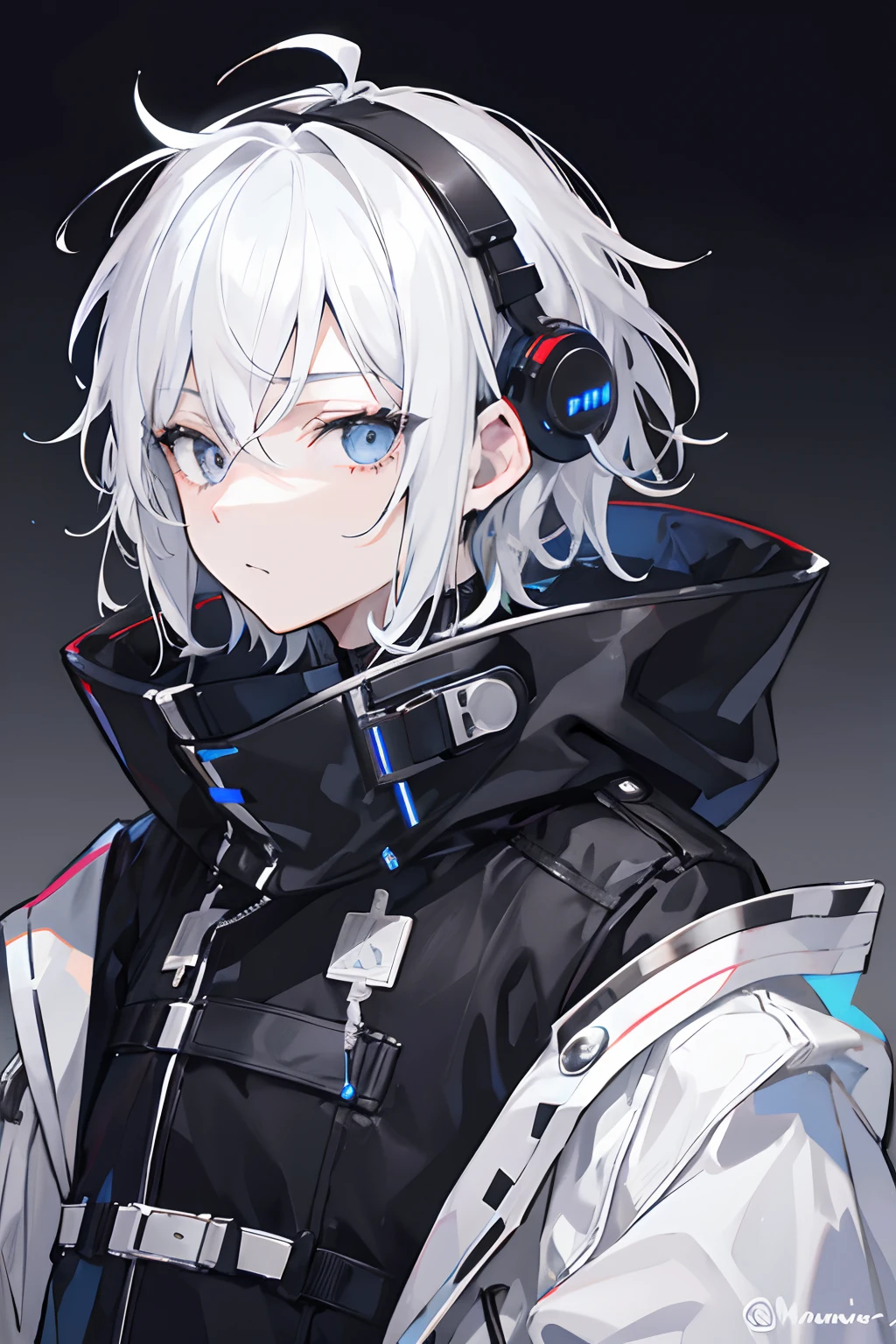 1boy with black-white hair, Ville de nuit, Pluie, manteau, mains dans les poches, Bluetooth headset connected on the head