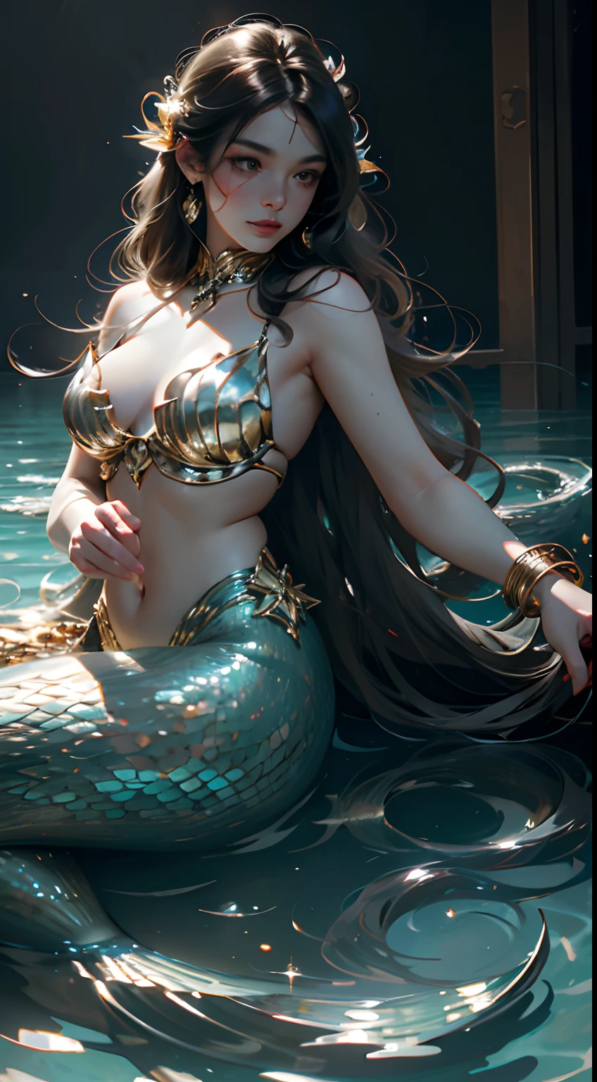 (Best quality,4K,8K,A high resolution,Masterpiece:1.2),Ultra-detailed,(Realistic,Photorealistic,photo-realistic:1.37),A mysterious underwater world,glittering ocean,(mermaid:1.1),Beautiful detailed face,Flowing hair,mermaid tail,Sparkling scales,hauntingly beautiful,ethereal and graceful,Powerful and elegant,Illuminated by moonlight,Lush underwater flora,Rainbow palette,Beautiful shell and coral decoration,hyperrealistic atmosphere.