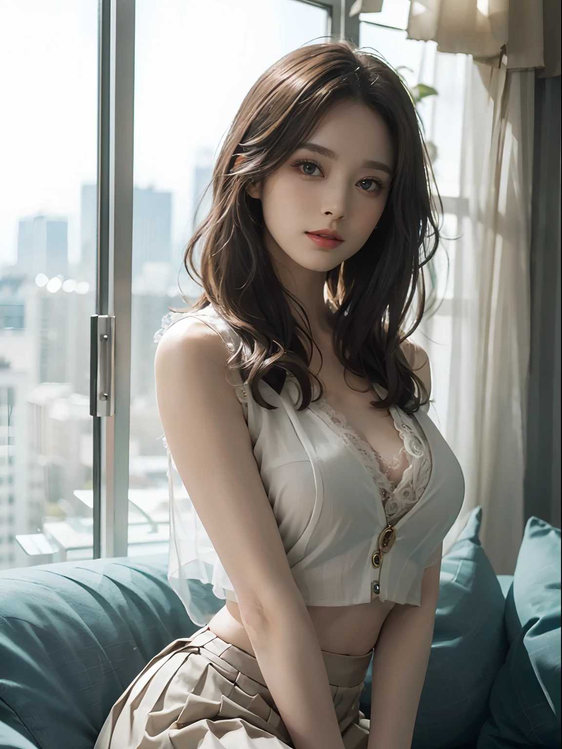 masutepiece,Best Quality,offcial art,Ultra High Definition CG Unified 8K Wallpapers, (nffsw:1.4), (Cinematic), (PastelColors, dim colors, Soothing tones:1.3), (Natural Skin Texture, hyperphotorealism, Soft light, sharp),(Extremely detailed), Professional Lighting, Radio City,((1girll,20yr old)), inside bedroom, cold light,Best Quality, Lots of details, masutepiece, Ultra-detailed, Illustration, extremely delicate and beautiful girl, Beautiful detailed eyes,8K_wall-paper,Beautiful detailed girl, looking at viewert, hair messy, Large breasts, ((focus on chest)), ((Sheer white vest, side breasts,areola of breast,High waist pleated skirt)),Recline on the sofa,Raised both legs,ssmile,Seen from the side