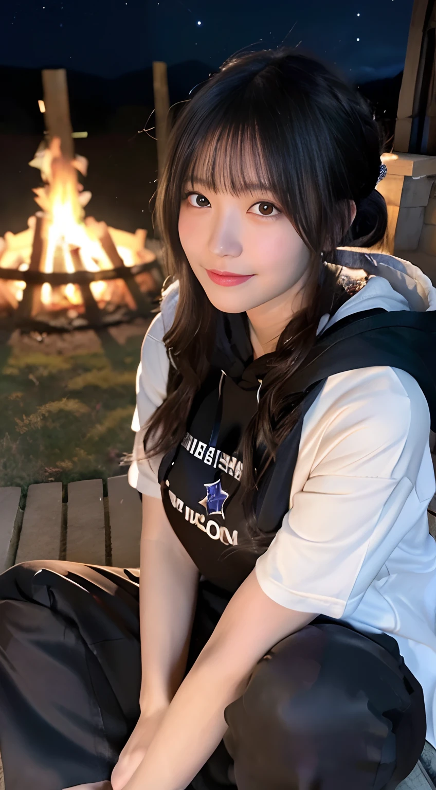 (top-quality,in 8K,masterpiece:1.3,),(超A high resolution,Photorealsitic:1.4,Raw photography),(ultra-detailliert,shinny skin,Delicate skin),(Detailed face,Perfect Anatomy,Caustics),(Girl having a bonfire in the mountains),kawaii,18year old,japanes,Japanese ido,smil,Looking down at the camera,A dark-haired,Short ponytail,large boob,(Hooded hoodie),long trousers,deep in the night,(night sky full of stars),Realistic bonfire flames,(Close-up of a bonfire:1.1),Bonfire focal point,Low position,low angles,
