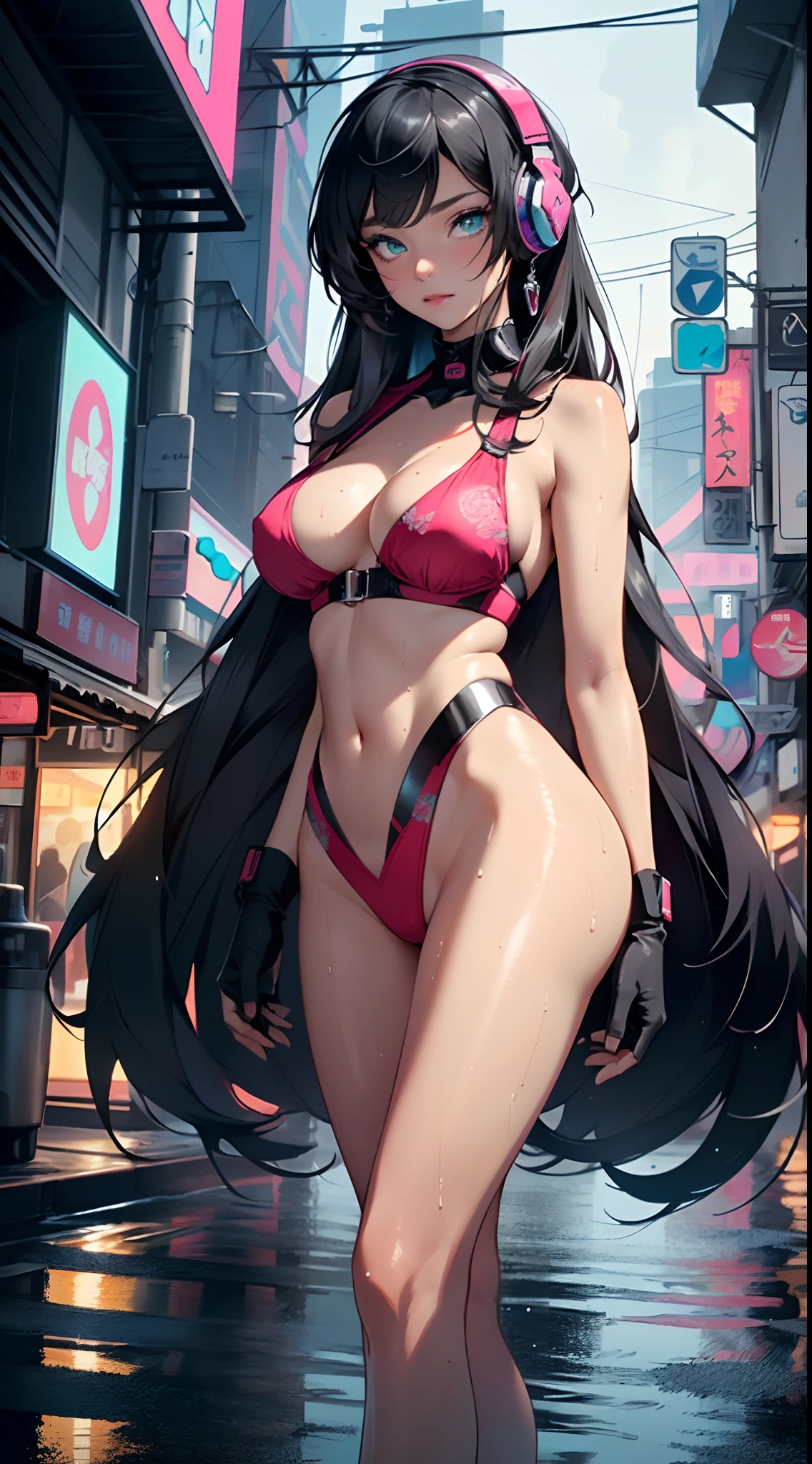 sporty girl with Asian features,(((1girl))),((girl with dark hair and turquoise highlights)),((asian girl,Japanese woman)),
(large breasts:1.4),saggy breasts,(((Black hair with turquoise streaks:1.35,straight hair,long hair:1.4,colored inner hair,ear breathing))),((heterochromia:1.5, (pink_eye and aqua_eye))),((fat)),(((lustrous skin:1.5,bright skin: 1.5,skin tanned,shiny skin,very shiny skin,shiny body,plastic glitter skin,exaggerated shiny skin,illuminated skin, wet legs))),(spider lower abdomen,narrow waist,wide hip,athletic body,inflated legs,detailed body,(detailed face)),
cute,slutty,seductive,erotic,((nsfw)),
zettai ryouiki,((two-piece swimsuit magenta,wearing a bikini outfit:1.3,sport bikini)),(rgb headphones:1.5,cyber gloves:1.5,huge mech-gloves),((wet clothes,intricate outfit,intricate clothes,intricate swimsuit, intricate bikini)),
(dynamic pose:1.0),embarrassed,(centered,scale to fit dimensions,Rule of thirds),
cyberpunk city by the ocean at night, with bright neon signs and dark stormy clouds and puddles, scenery:1.25,
artistic photography,(photography taken by sldr),highres, sharp focus, (ultra detailed, extremely detailed), (photorealistic artwork:1.37),(extremely detailed CG unity 8k wallpaper),((synthwave background theme)),(((vibrant colors))),(intricate background),(masterpiece),(best quality),