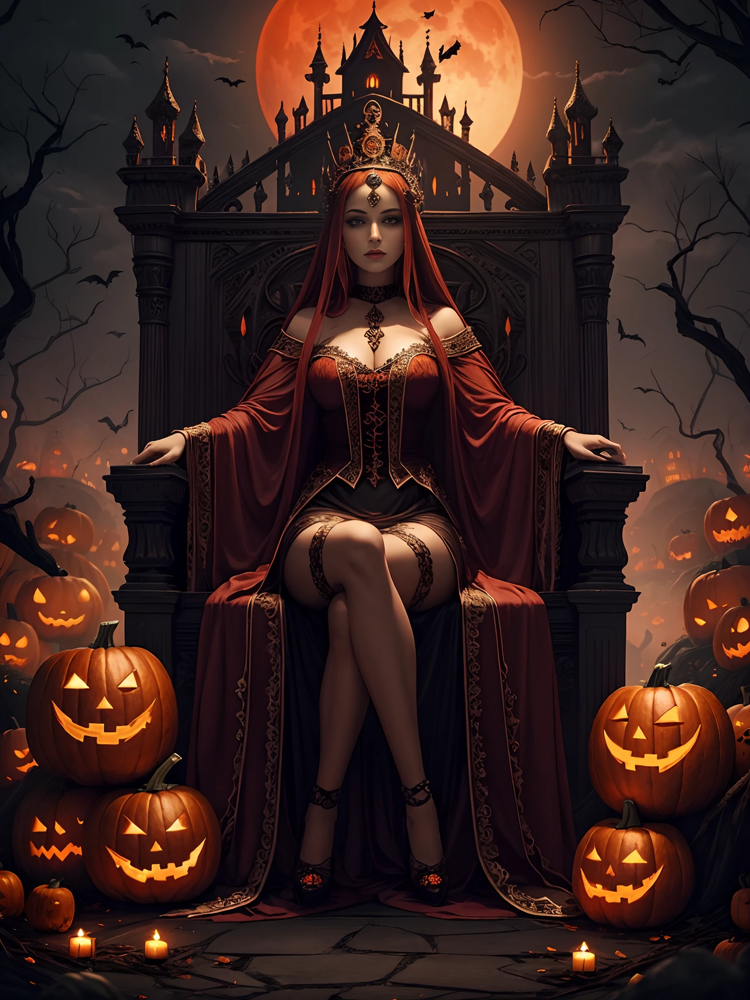 Landscape: Queen of the Dead, full body, Halloween palace in the valley, The theme of Halloween is spectacular、Intricate and detailed, Surreal,Red Moon,DreamlikeArt:todos vendo olho,1girll,Sit on the pumpkin head