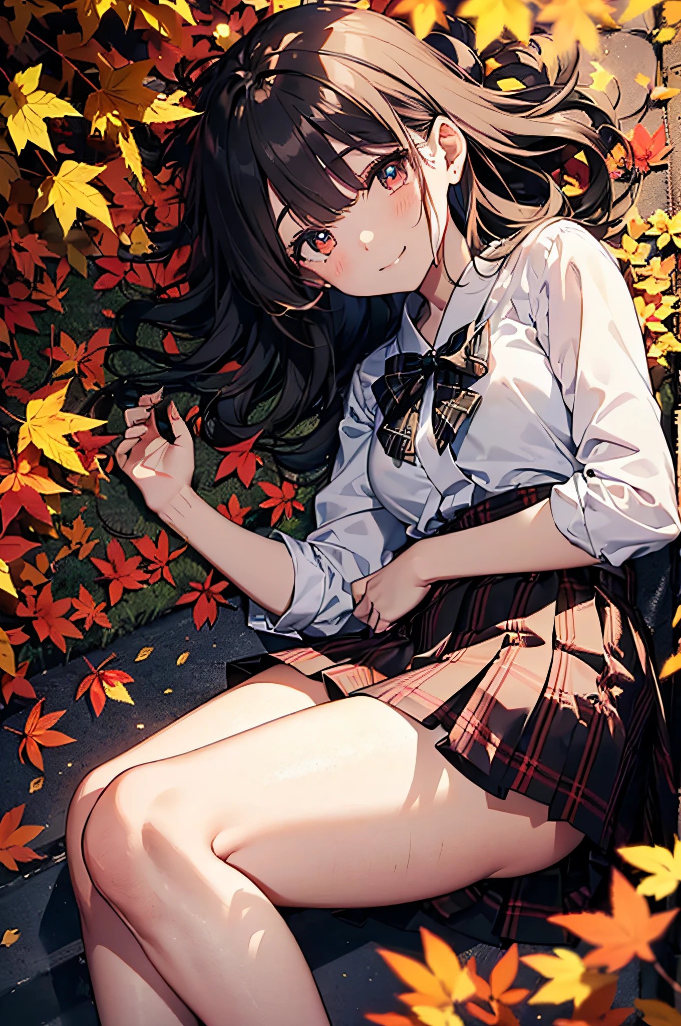 (Official art、Best Quality、Unity 8k Wallpapers、32K、masterpiece、ultra-detailliert、超A high resolution、realisitic、Photorealsitic:1.2)、(Cinematic lighting:1.2)、Fireglow effect、film grains、Best Shadows、Rim lighting、side lights、(Ultra-detailed and complex 3D rendering)、Sharp pupils、Realistic pupils、cowboy shot, Highly detailed background、beauitful face、blurry backround、a beauty girl、(super detailed skin、detailed skin textures:1.3)、Close-up of a statue in a field of red leaves, covered with fallen leaves, Red leaves on the ground, Autumn garden, Beautiful Autumn Spirits, covered with leaves, aomori japan, Cute, in autumn, red leaves, in japanese garden, in autumn, during autumn, autum, traditional japanese colors, japan nature、(From above、Lie down:1.3)、(outside of house、thighs thighs thighs thighs)、blazers、The shirt、Plaid bow tie、Plaid pleated mini skirt、15 year old beautiful girl、Beautiful black hair、Blunt bangs、eyes are brown、Embarrassing、looking happy smile、