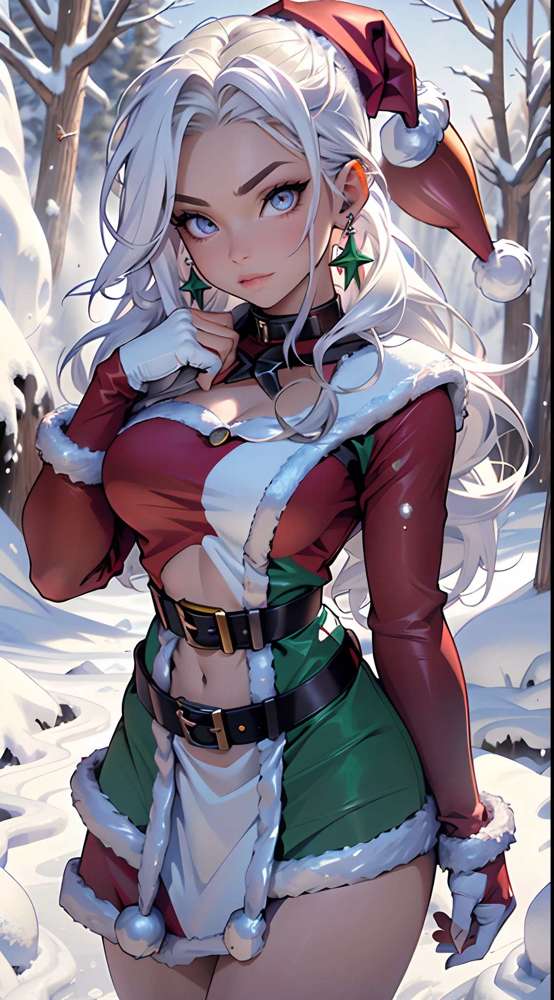 (Hermosa mujer)，Navidad，Un cabello oscuro，Bobsleigh medio，(mini Vestido con el traje de Santa Claus:1.4), More detailed 8K.motor irreal:1.4,UHD,La mejor calidad:1.4, fotorrealista:1.4, textura de la piel:1.4, obra maestra:1.8,obra-prima, mejor calidad,objeto Objeto], (detailed face features:1.3),(bosque congelado nieve:1.4),posing for camera:1.4), (manos Detallado:1.4),(copos de nieve:1.4)