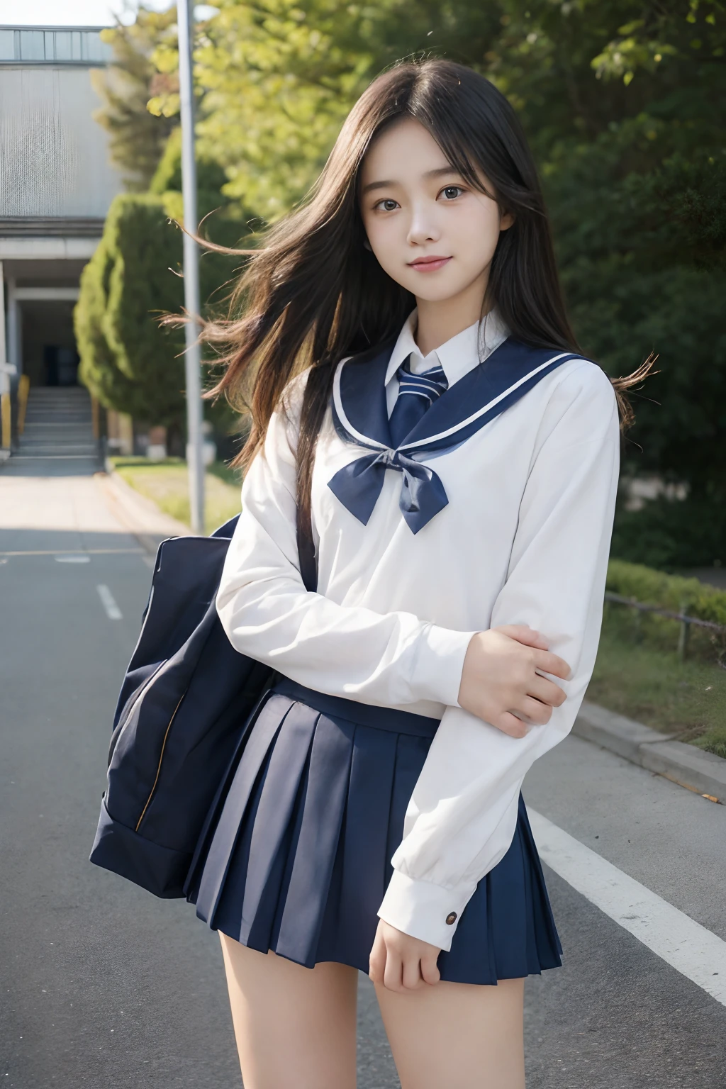 ​masterpiece、8K、32K、top-quality、(A cute Japanese woman:1.1)、detail portrayal、1 girl in、elegent、(a )、(School uniform:1.3)、(blows wind)、commuting to school、School Grounds、cowboy  shot、ssmile、