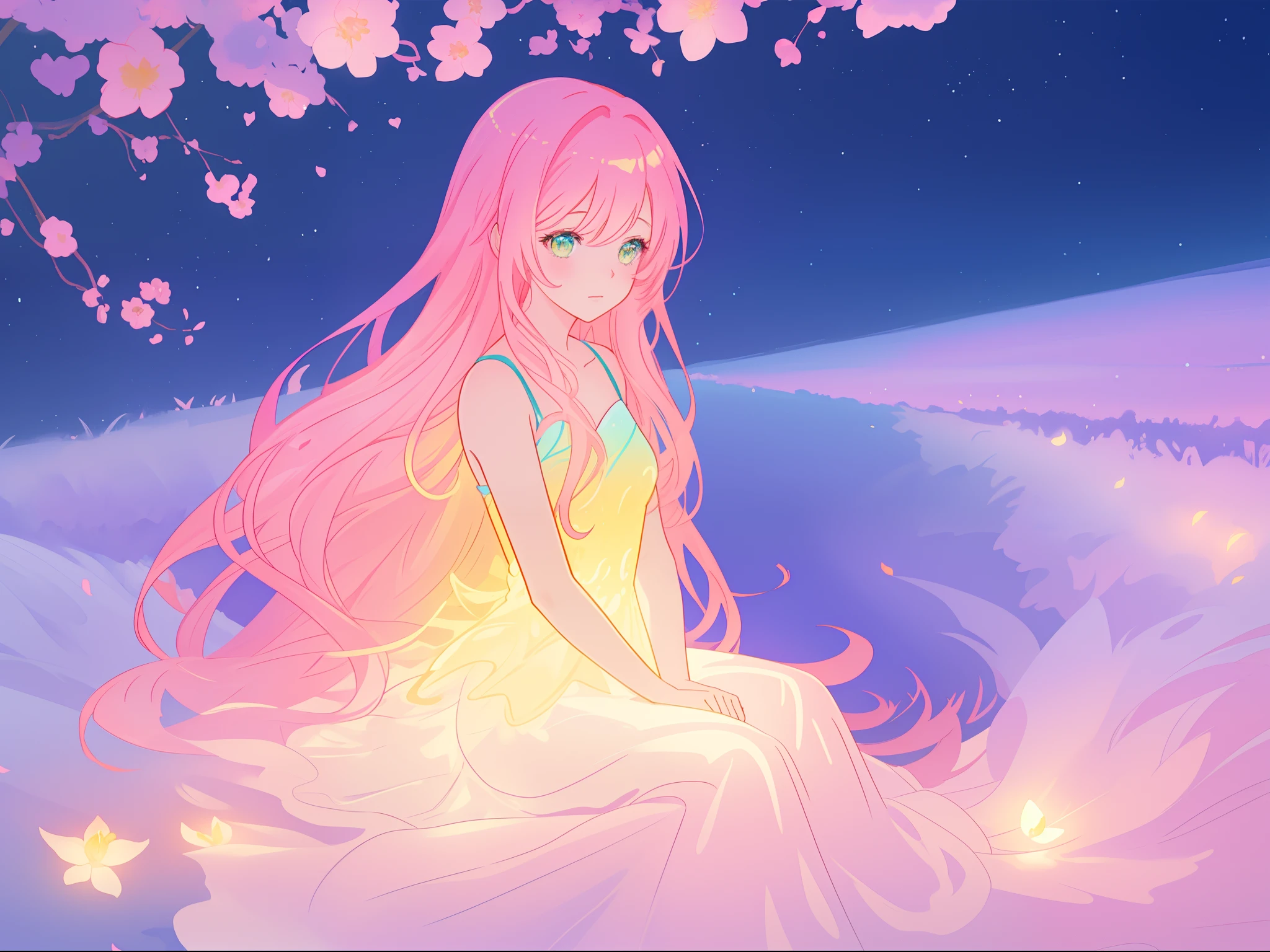beautiful girl in gradient colorful dress, yellow pink purple fairy dress, beautiful girl sitting in a field with pink red flowers, puffy pink flowers, glowing lights, whimsical landscape, long dark blue flowing hair, watercolor illustration, inspired by Glen Keane, inspired by Lois van Baarle, disney art style, by Lois van Baarle, glowing aura around her, by Glen Keane, jen bartel, glowing lights! digital painting, flowing glowing hair, glowing flowing hair, beautiful digital illustration, fantasia otherworldly landscape plants flowers, beautiful, masterpiece, best quality, anime disney style