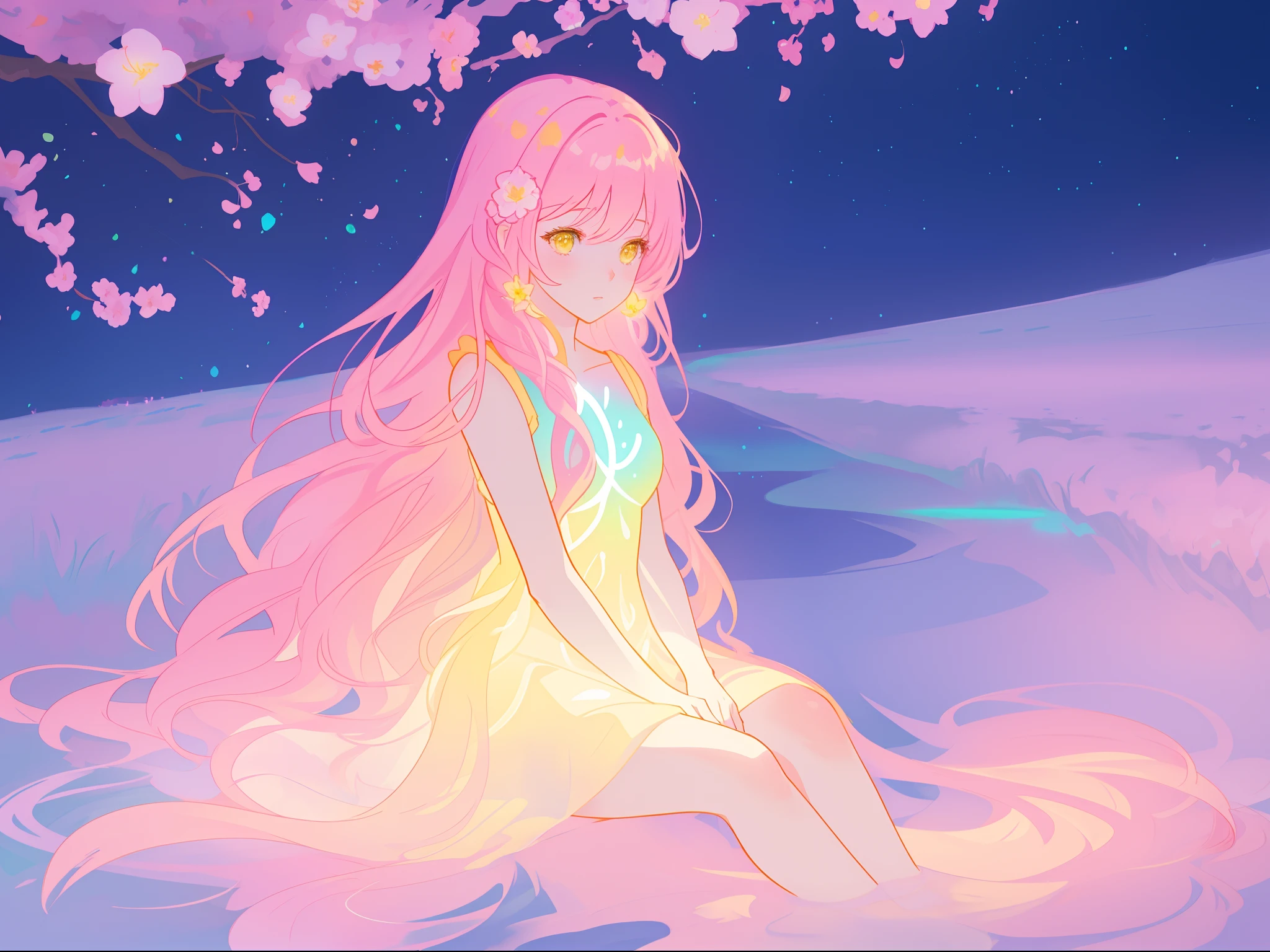 beautiful girl in gradient colorful dress, yellow pink purple fairy dress, beautiful girl sitting in a field with pink red flowers, puffy pink flowers, glowing lights, whimsical landscape, long dark blue flowing hair, watercolor illustration, inspired by Glen Keane, inspired by Lois van Baarle, disney art style, by Lois van Baarle, glowing aura around her, by Glen Keane, jen bartel, glowing lights! digital painting, flowing glowing hair, glowing flowing hair, beautiful digital illustration, fantasia otherworldly landscape plants flowers, beautiful, masterpiece, best quality, anime disney style