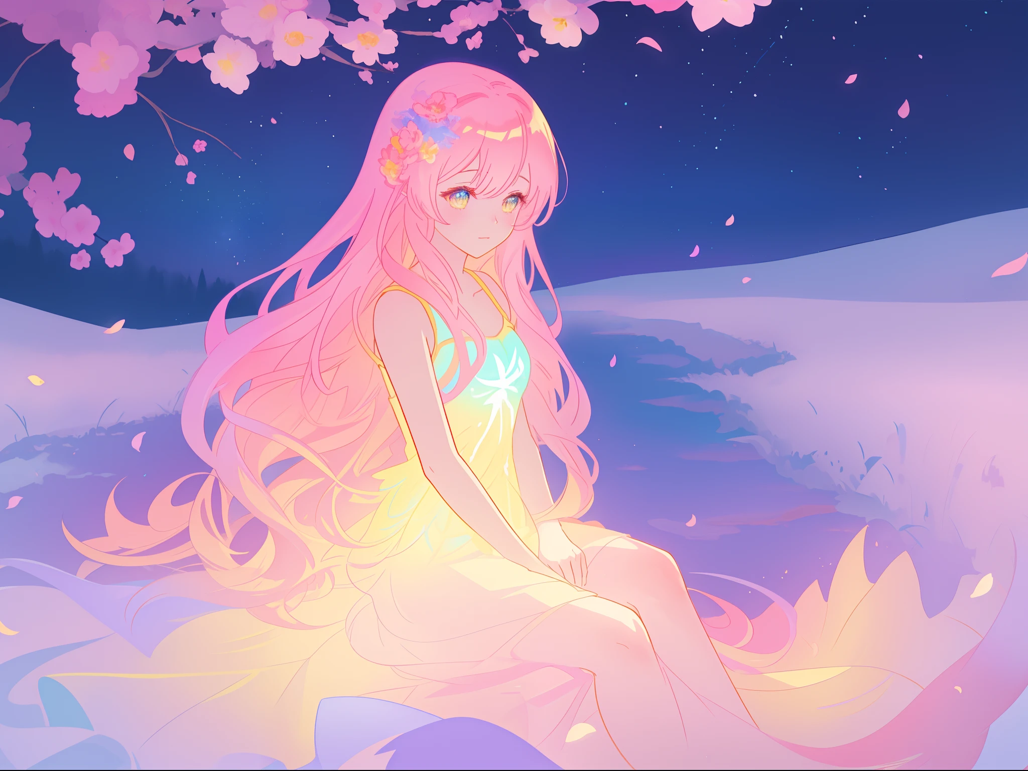 beautiful girl in gradient colorful dress, yellow pink purple fairy dress, beautiful girl sitting in a field with pink red flowers, puffy pink flowers, glowing lights, whimsical landscape, long dark blue flowing hair, watercolor illustration, inspired by Glen Keane, inspired by Lois van Baarle, disney art style, by Lois van Baarle, glowing aura around her, by Glen Keane, jen bartel, glowing lights! digital painting, flowing glowing hair, glowing flowing hair, beautiful digital illustration, fantasia otherworldly landscape plants flowers, beautiful, masterpiece, best quality, anime disney style