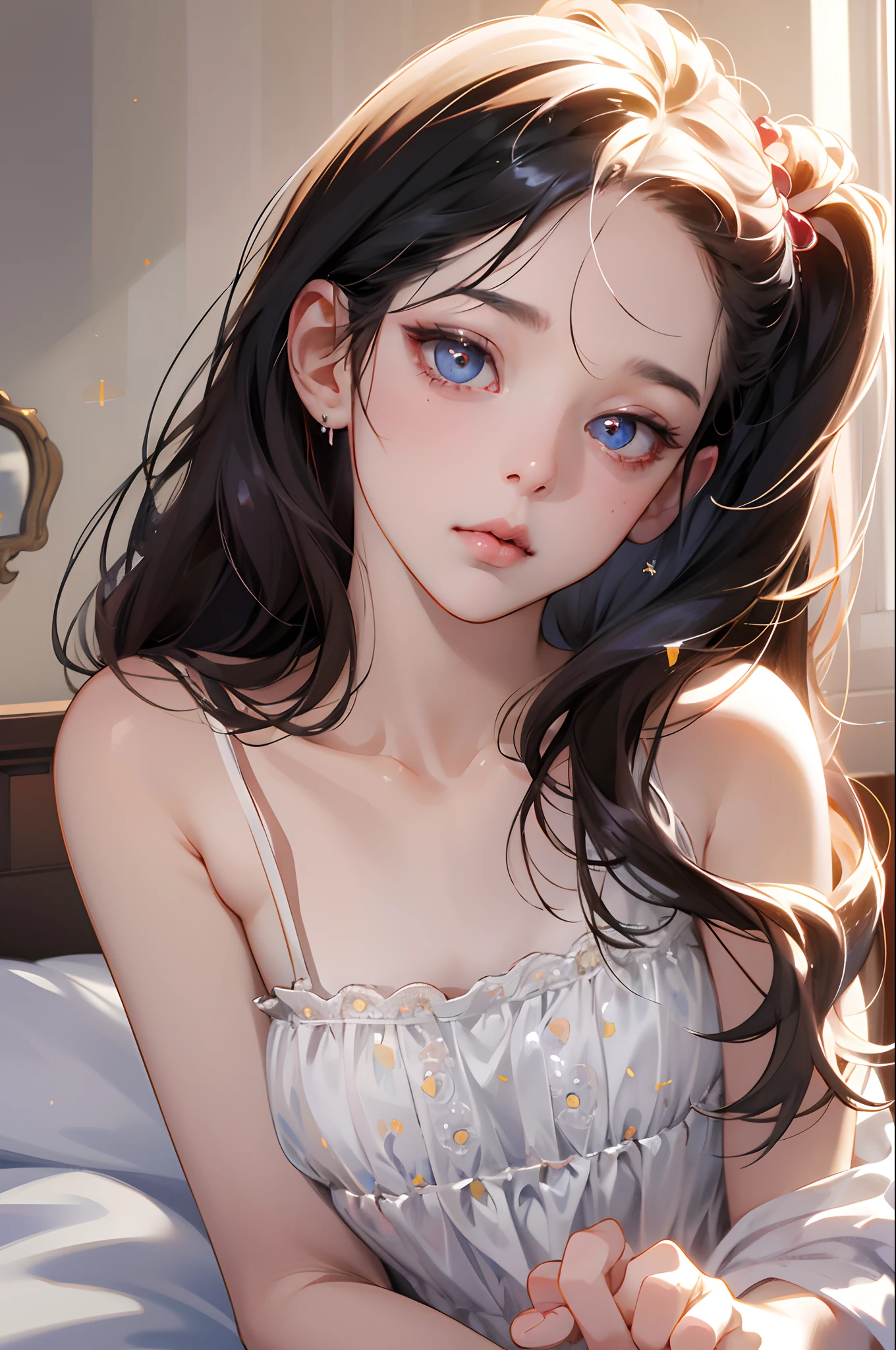 absurderes,masutepiece,Best Quality,8K,1 Cute Pale Girl,Camisole,Upper body,Bedroom,(sunlight:0.4),Straight long hair,Beautiful and detailed eyes,sparkly eyes,Insanely detailed, Hyper realistic, Perfect Anatomy, Perfect five fingers, amazing,superfine illustration