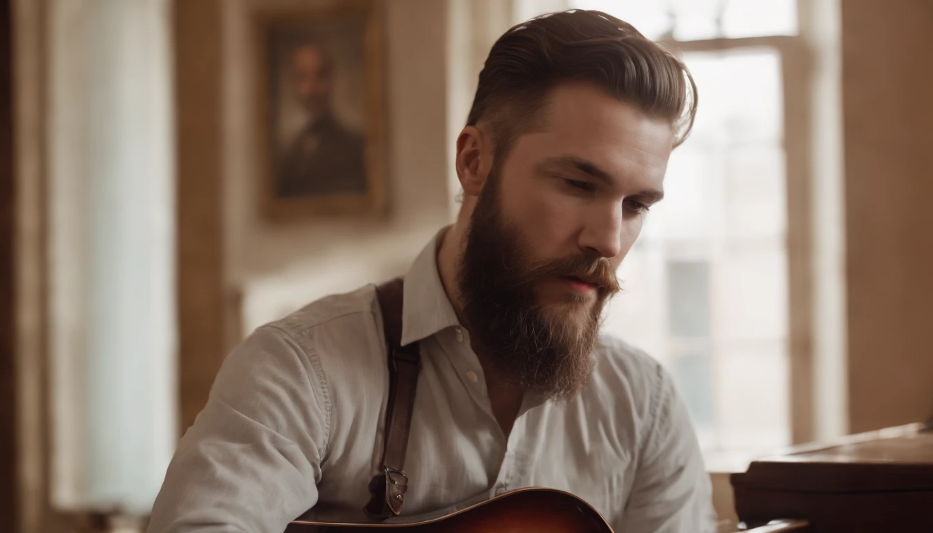 Bearded man, looking at the sky trough the window, barber shop, image from back, vintage style, jazz blues, whisky, guitar, piano, bottles