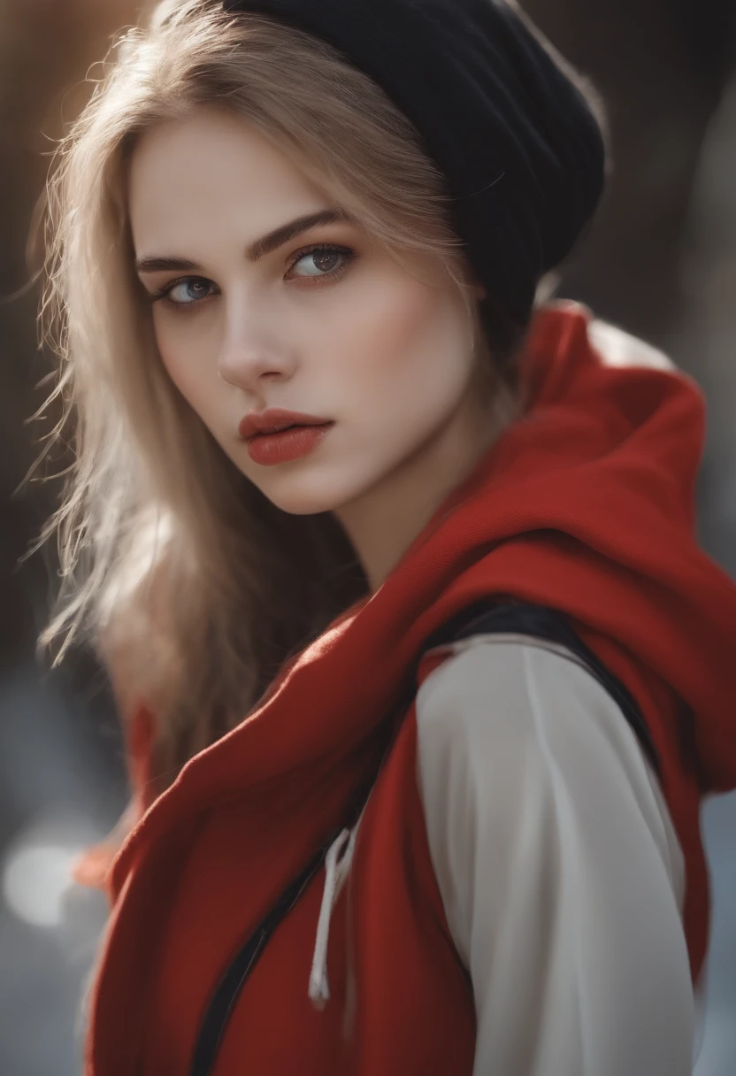a girl standing , wearing a hoodie and top of hoodie is red and bottom part is white ,her hairs are tied with hairband and her hairs are short touching her shoulder and hairs are reddish black in color and she is wearing a round shaped glass her eyes are beautiful and large in size and the is having a oval shape face with fair color and she is wearing a trouser as well