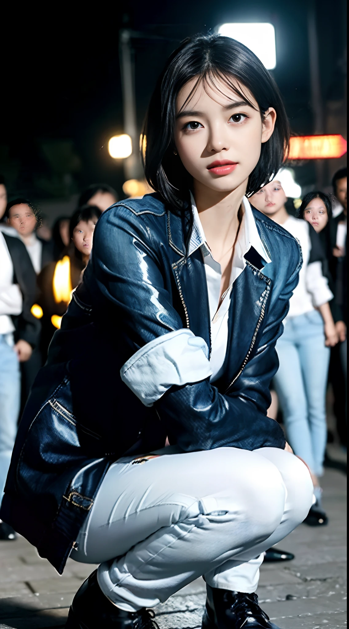 (shoulder length straight short black hair:1.0), （Extremely meticulous CG 8k wallpaper),16k,(Extremely refined and beautiful），（Masterpiece），（best qualtiy：1.0），（Ultra High Resolution：1.0），beautiful light up，Perfect lightning，realistic shaded，[A high resolution],(Smooth and flawless fair skin:1.5),(shiny skin:1.5),Extremely exquisite facial details,(perfect body：1.1),ultra - detailed,A beautiful girl,small head,(Small breasts:1.1),Flat chests，slim，thin，Smile，cheerfulness,(black jacket:1.5),(white collared shirt:1.3),(light blue denim pants:1.4),(Black military boots:1.2),slender legs,(nightfall:1.5),Sunset light,(Surrounded by a crowded crowd:1.5),At the school gate,squatting,from front,close-up of her upper body,shoulder off