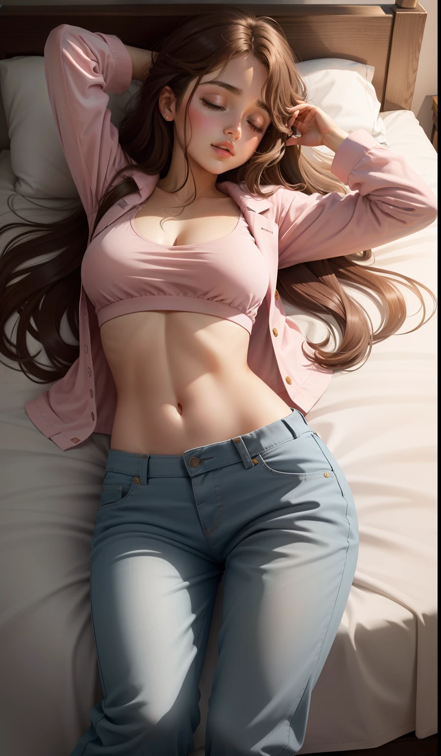 Sleeping girl, 22 years old, realistic, pants are pulled down, pubic hair, she is wearing pink pajama, brown hair