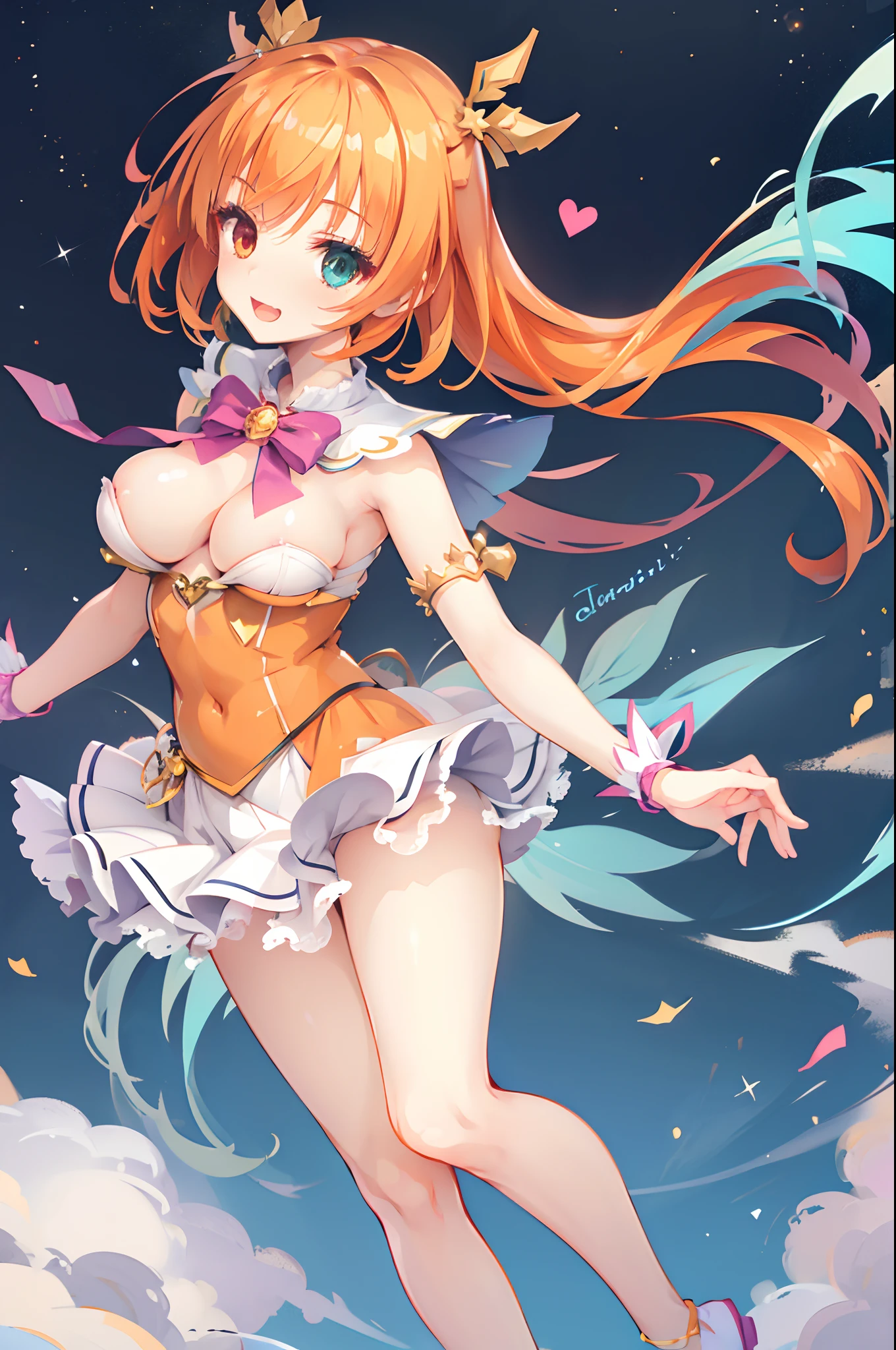 tiny girl,Colossal tits,magical girl costume,Smile with open mouth,Orange hair,hair adornments,Heterochromia,Top image quality,Best Quality