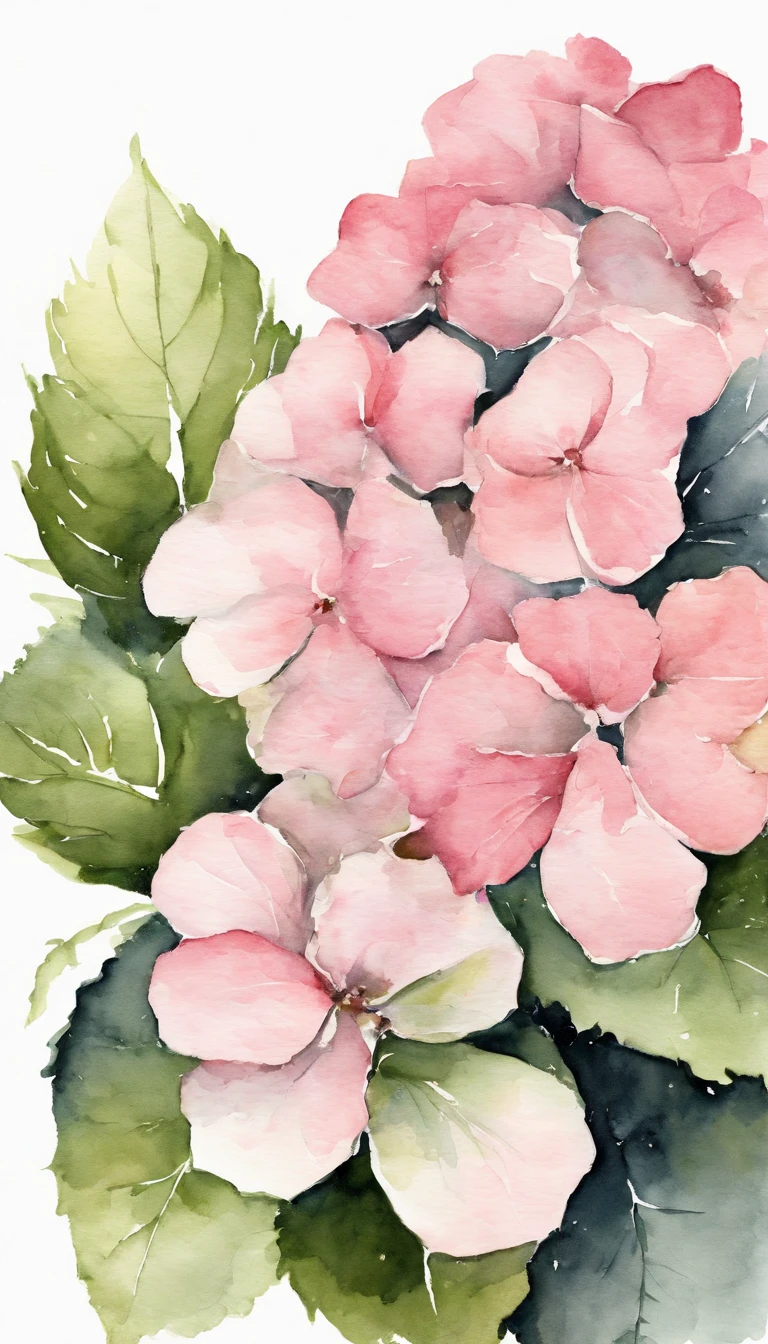 blush pink hydrangea, minimalistic ART, white background