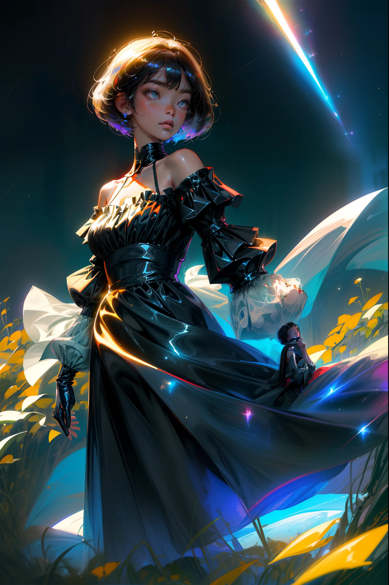 masterpiece、top-quality、超A high resolution、Fluorescent color、Cool Men、beautiful countenance、beautidful eyes、(off shoulders:1.2)、turn your head up、There is a space sky、On the water、on grass、shinny hair、shinny skin、Shine Cut、Chibi、Finger Scale Coordination、black starlight dress、Particle