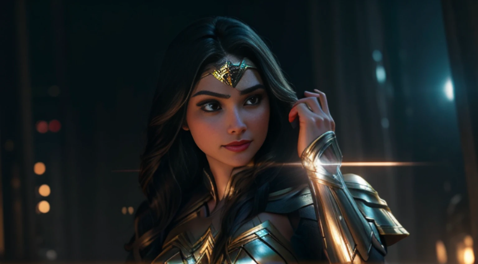 Cinematic soft lighting illuminates a stunningly detailed and ultra-realistic Wonder Woman futuristic armor that is trending on ArtStation. Octane is the perfect tool to capture the softest details of this 16k photography masterpiece