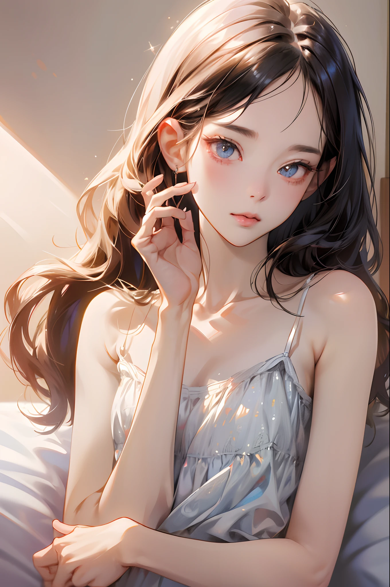 absurderes,masutepiece,Best Quality,8K,1 Cute Pale Girl,Camisole,Upper body,Bedroom,(Sunlight:0.4),Straight long hair,Beautiful and detailed eyes,sparkly eyes,Insanely detailed, Hyper realistic, Perfect Anatomy, Perfect five fingers, amazing,superfine illustration
