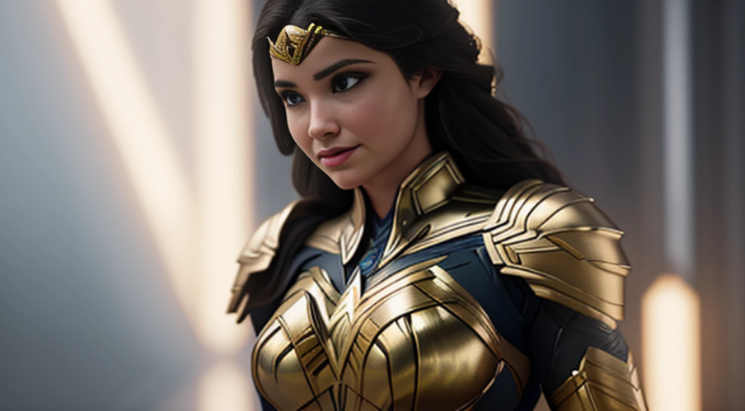 Cinematic soft lighting illuminates a stunningly detailed and ultra-realistic Wonder Woman futuristic armor that is trending on ArtStation. Octane is the perfect tool to capture the softest details of this 16k photography masterpiece