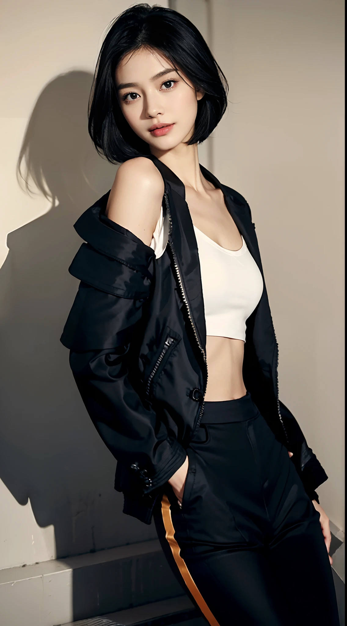 (disorganized, RAW photo, very delicate and beautiful, masterpiece, highest quality, ultra high resolution, 16k, surreal, super detailed, perfect ???????, super dense skin, perfect figure:1.3), Highly detailed CG 8k wallpaper, 20&#39;s, very slim body, tight waist, very small head, very small face, delicate facial features, tearful mole, earrings, thin legs, (very huge round breasts:1.1), (full body shot:1), (1 girl:1), short hair, (wavy hair:1.1), collared dress shirt, Tight Skirt, No sleeve,