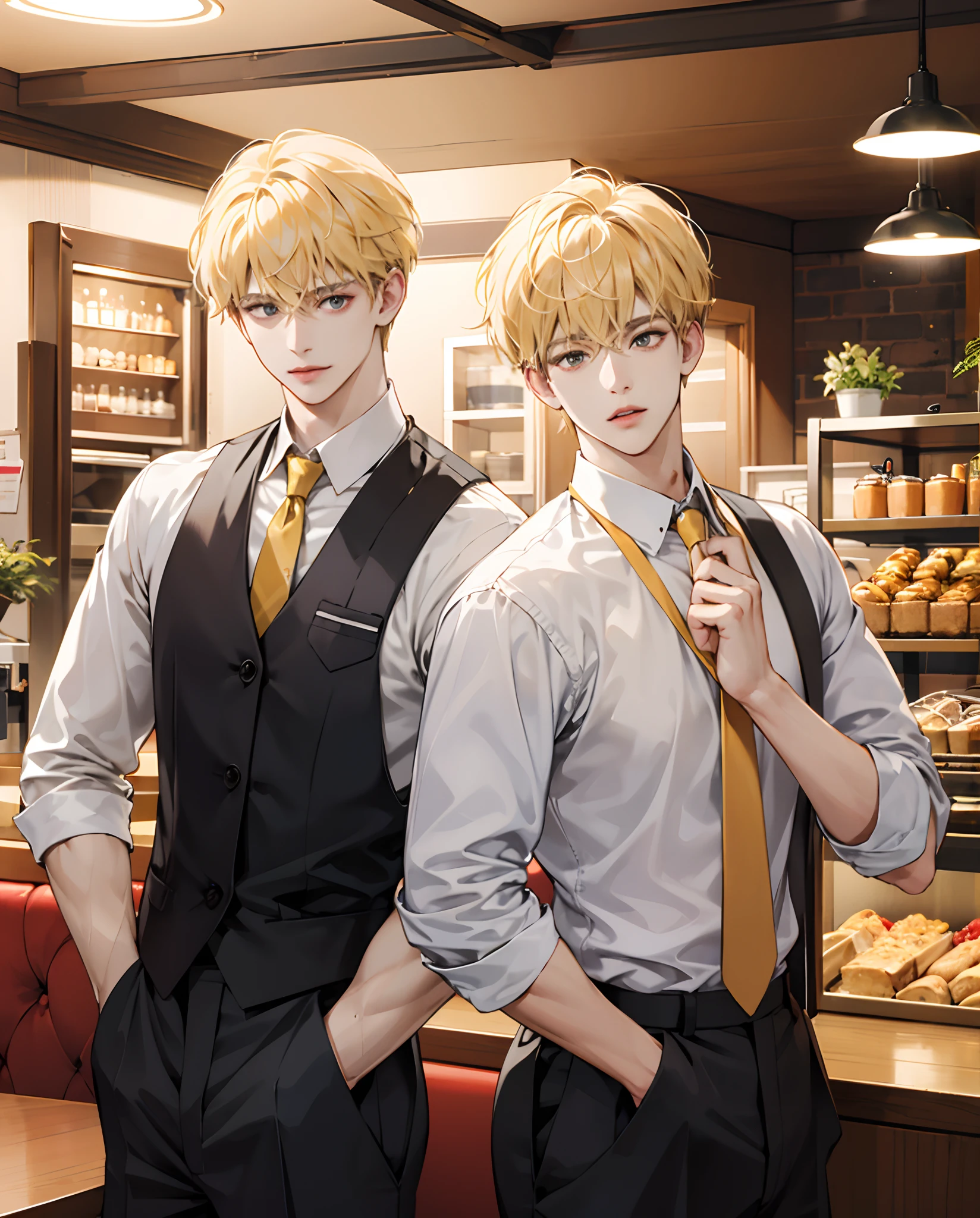 Yellow tie at Brother 2 boys, side by side at a family restaurant, blonde all-back, blonde afro