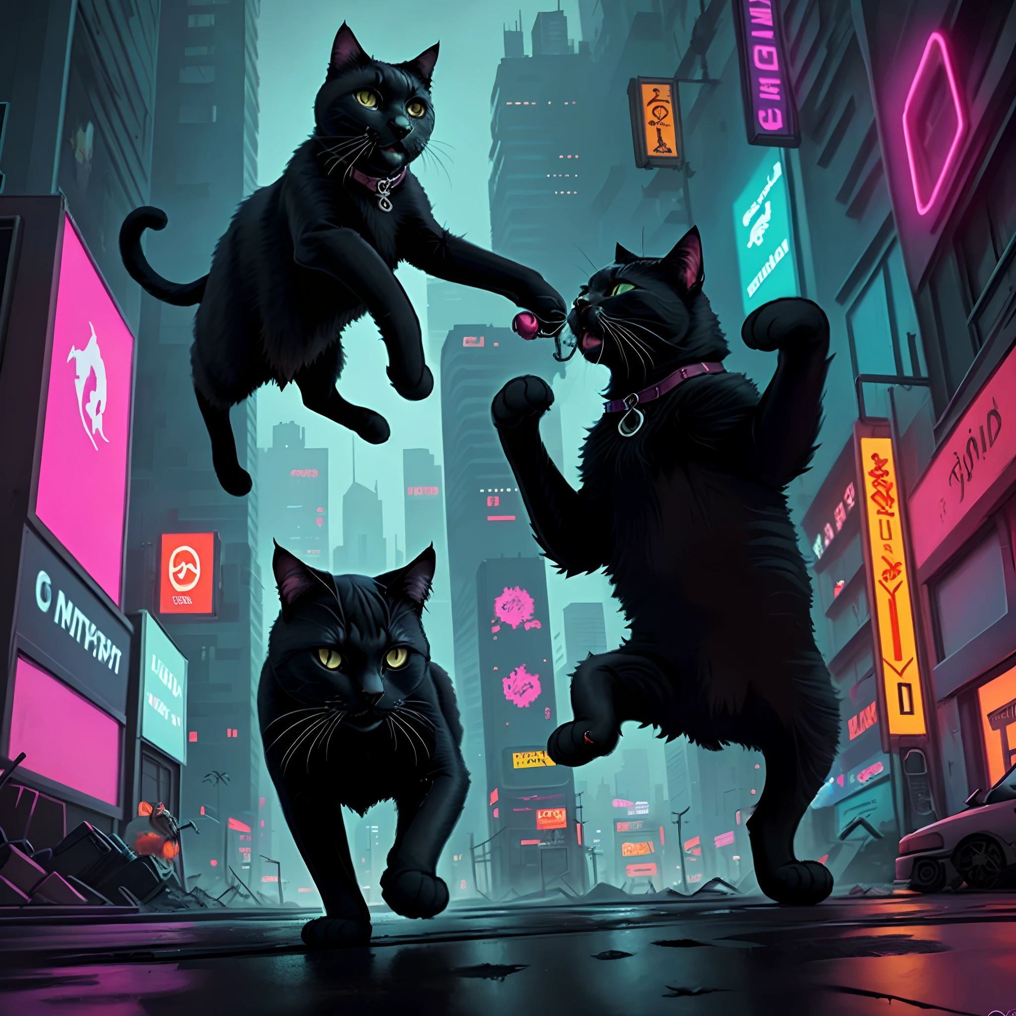 A giant black cat rampaging through a cyberpunk cityscape